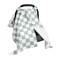 DILIMI baby car seat cover front view in green checkered fabric shields sun and wind