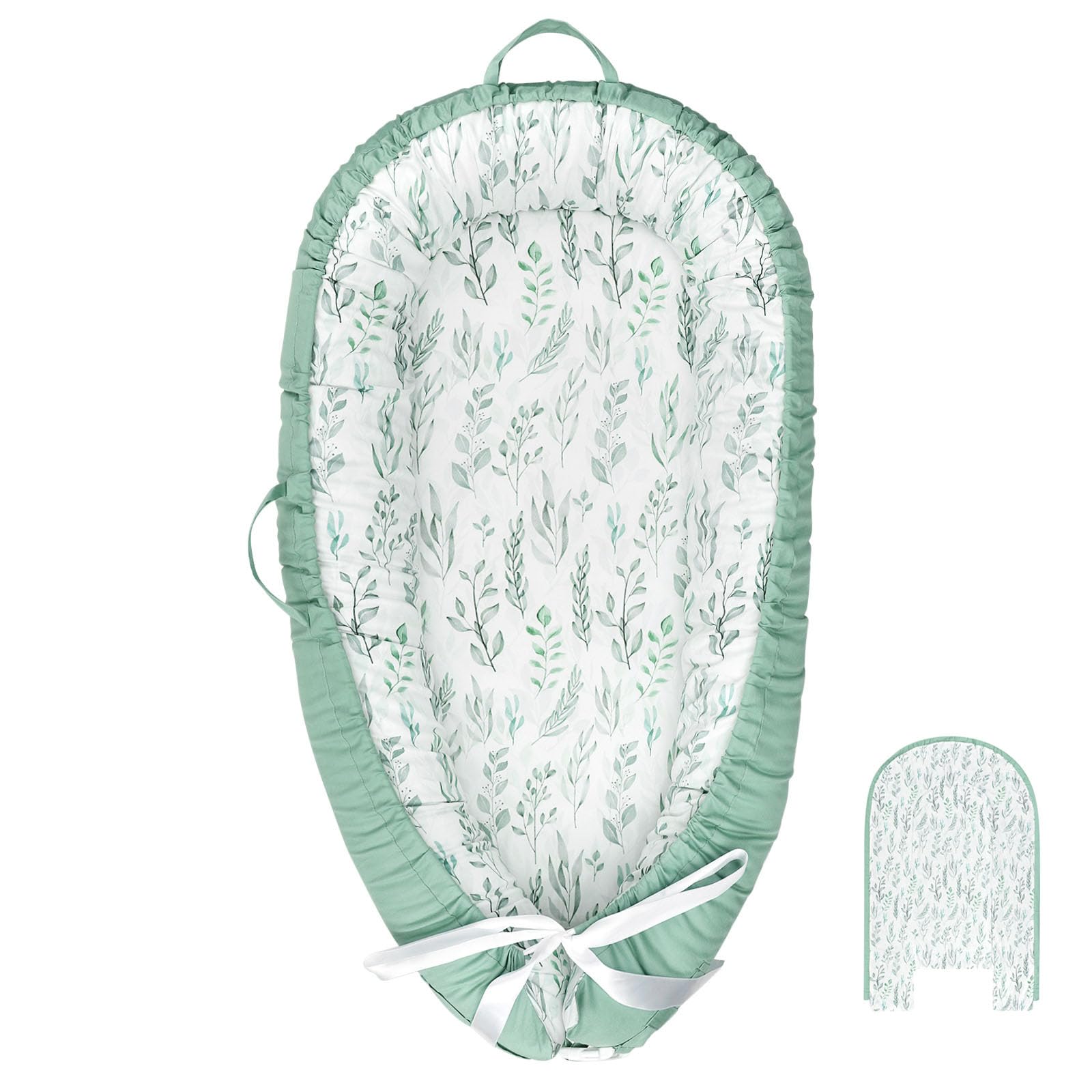 DILIMI baby lounger cover in green leaf design, gentle on skin for newborns.
