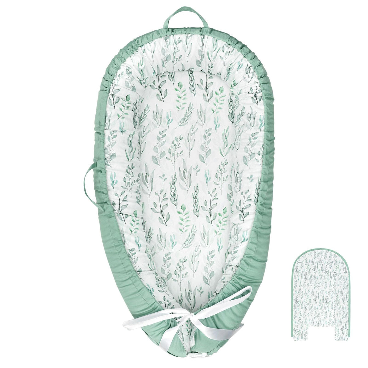 DILIMI baby lounger cover in green leaf design, gentle on skin for newborns.