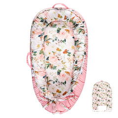 DILIMI pink floral baby lounger cover closeup shows soft cotton texture for comfort