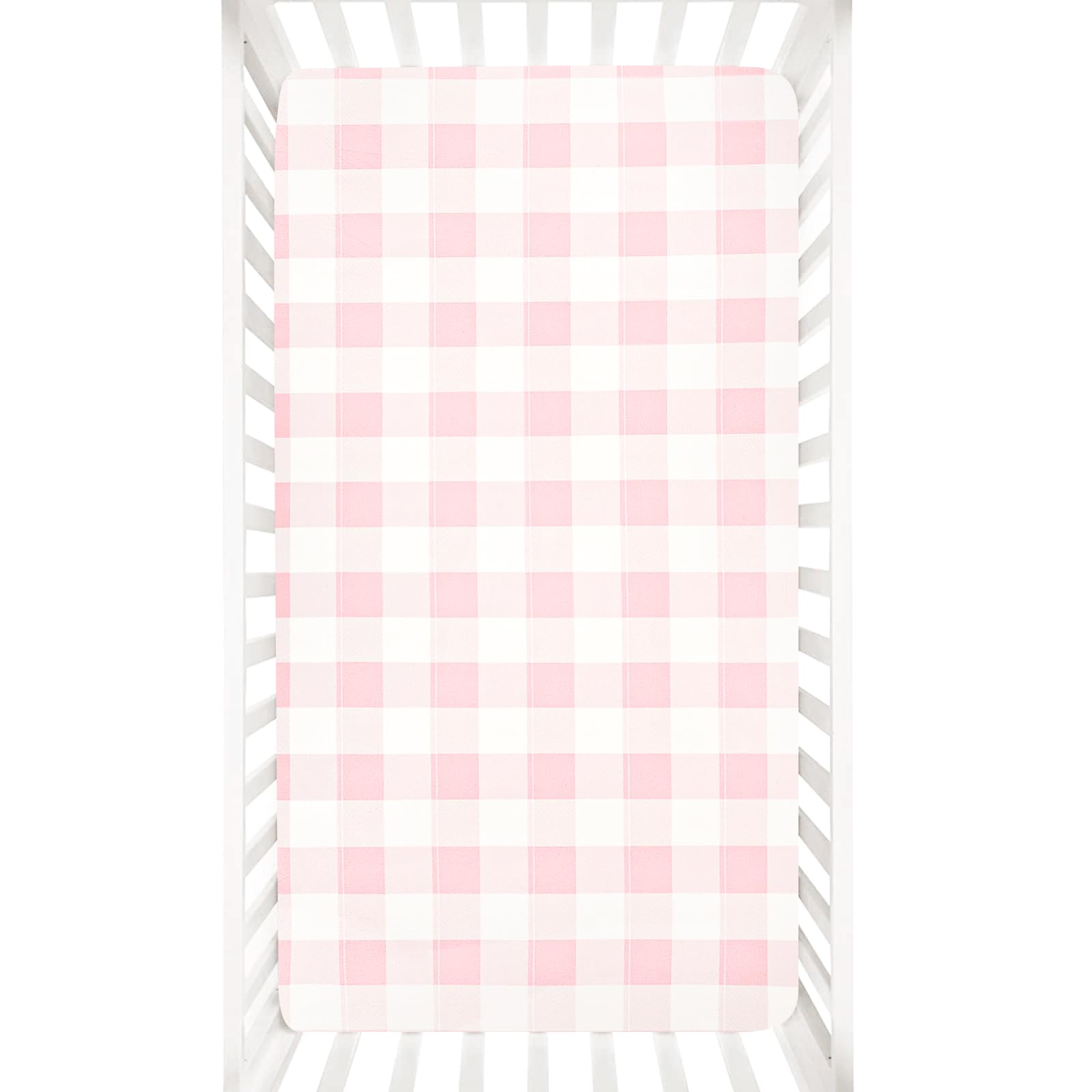 DILIMI pink checkered fitted crib sheet on standard crib, soft and snug