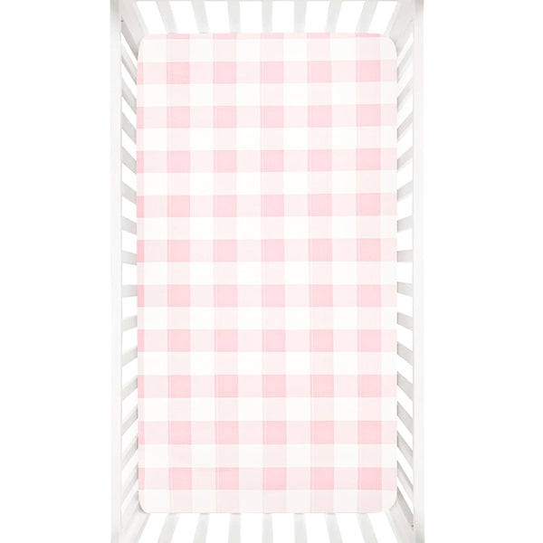 DILIMI pink checkered fitted crib sheet on standard crib, soft and snug