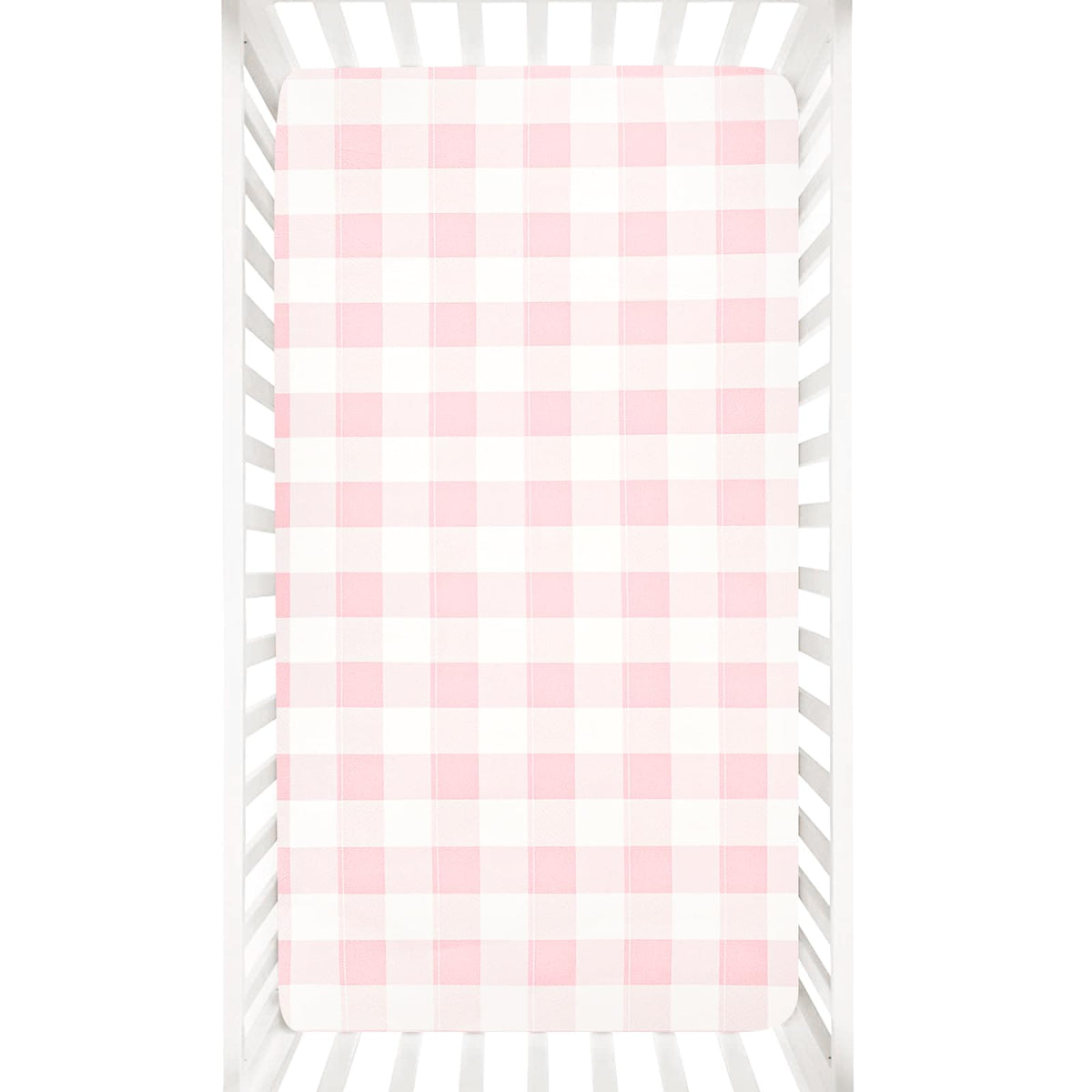 DILIMI pink checkered fitted crib sheet on standard crib, soft and snug