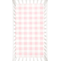 DILIMI pink checkered fitted crib sheet on standard crib, soft and snug