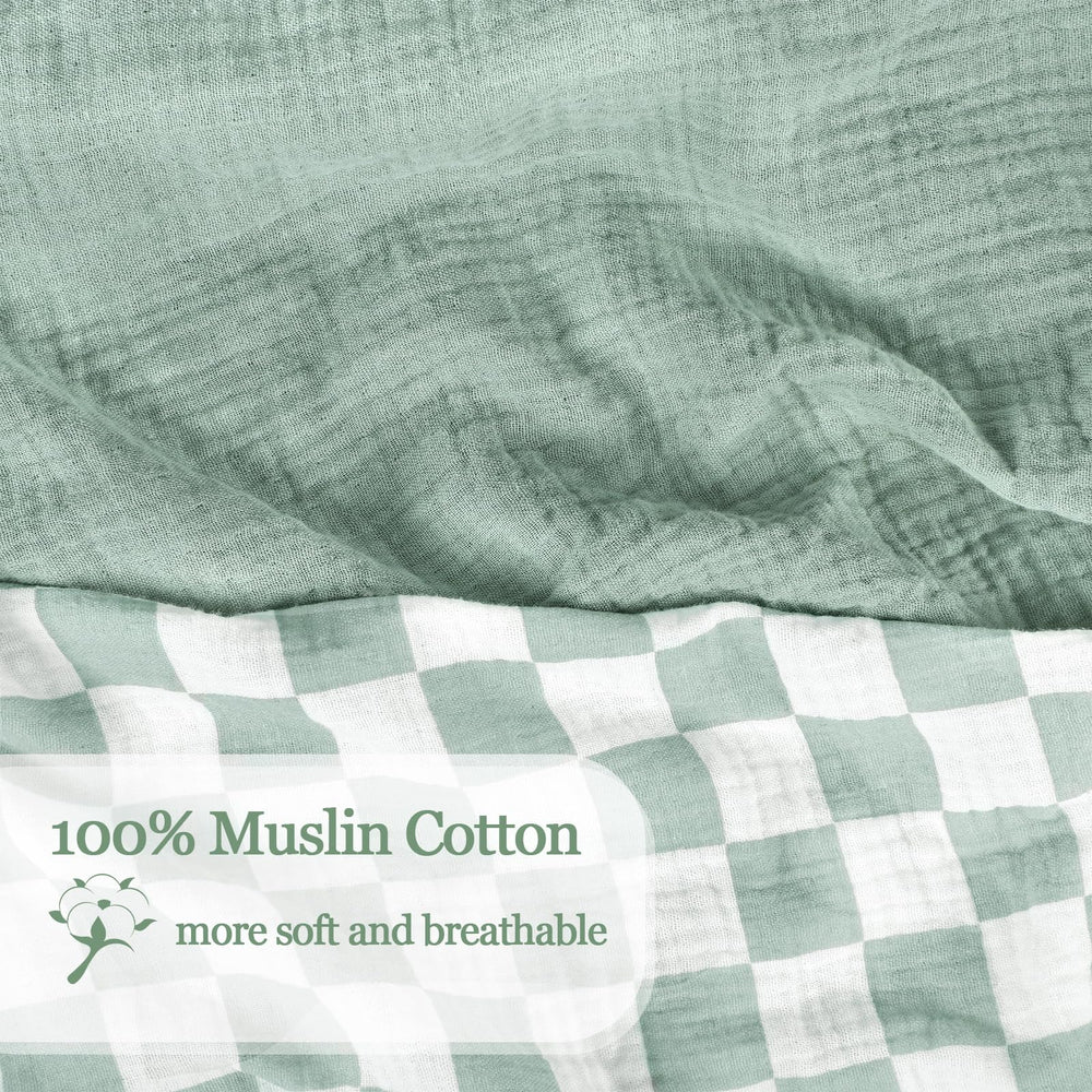 DILIMI muslin crib sheet shown on a standard crib mattress, sturdy and snug fit.