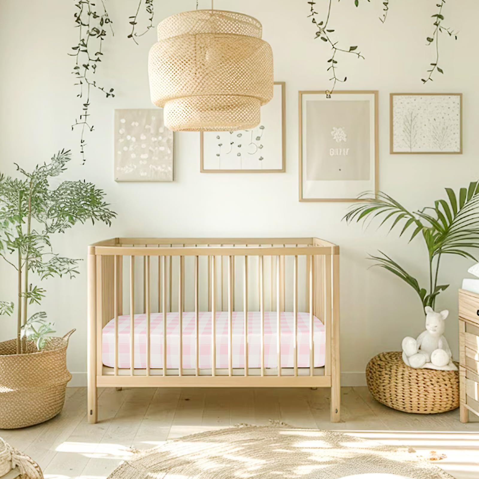 DILIMI pink checkered crib sheet, ideal gift for baby registries