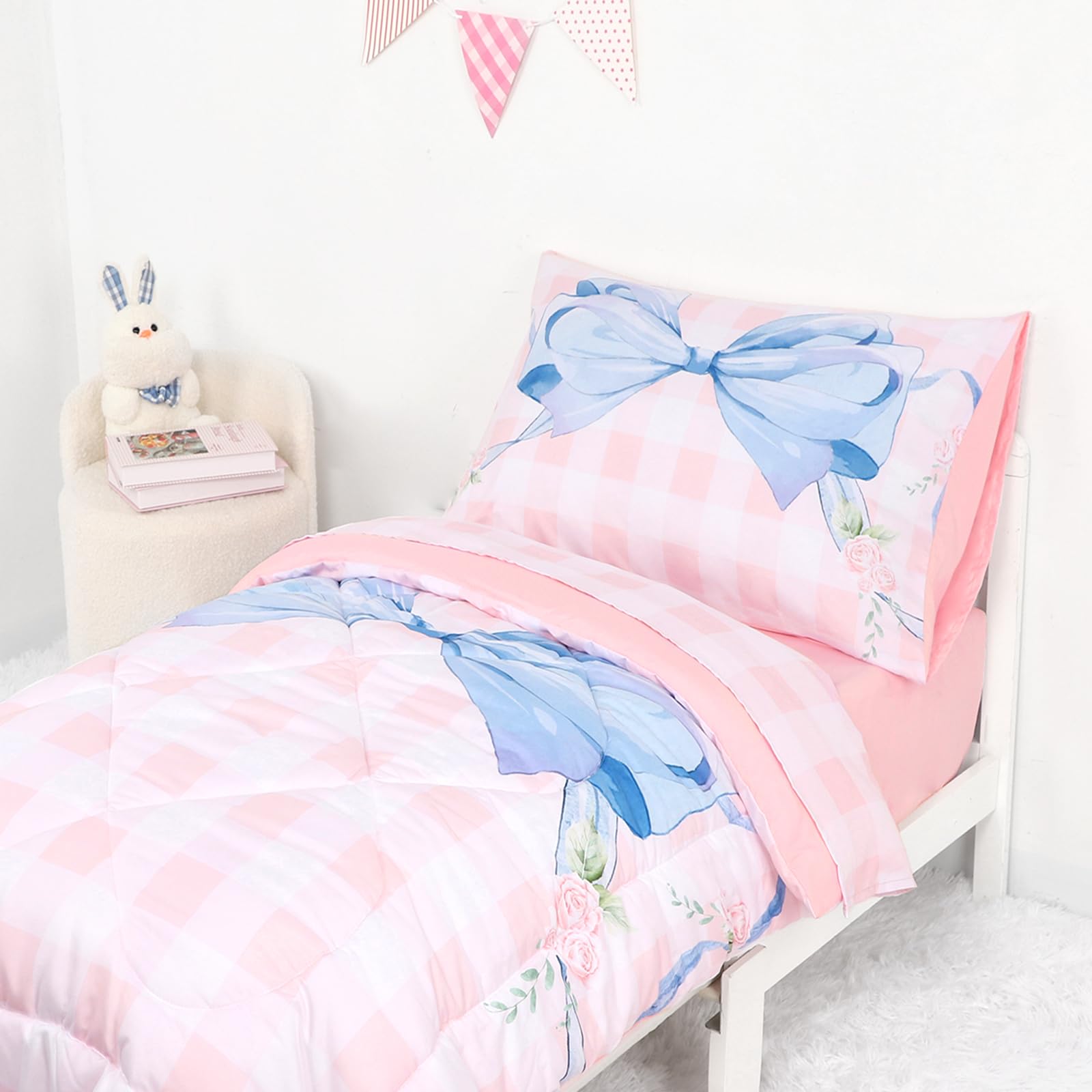 DILIMI pink gingham fitted sheet, snug fit for toddler bed