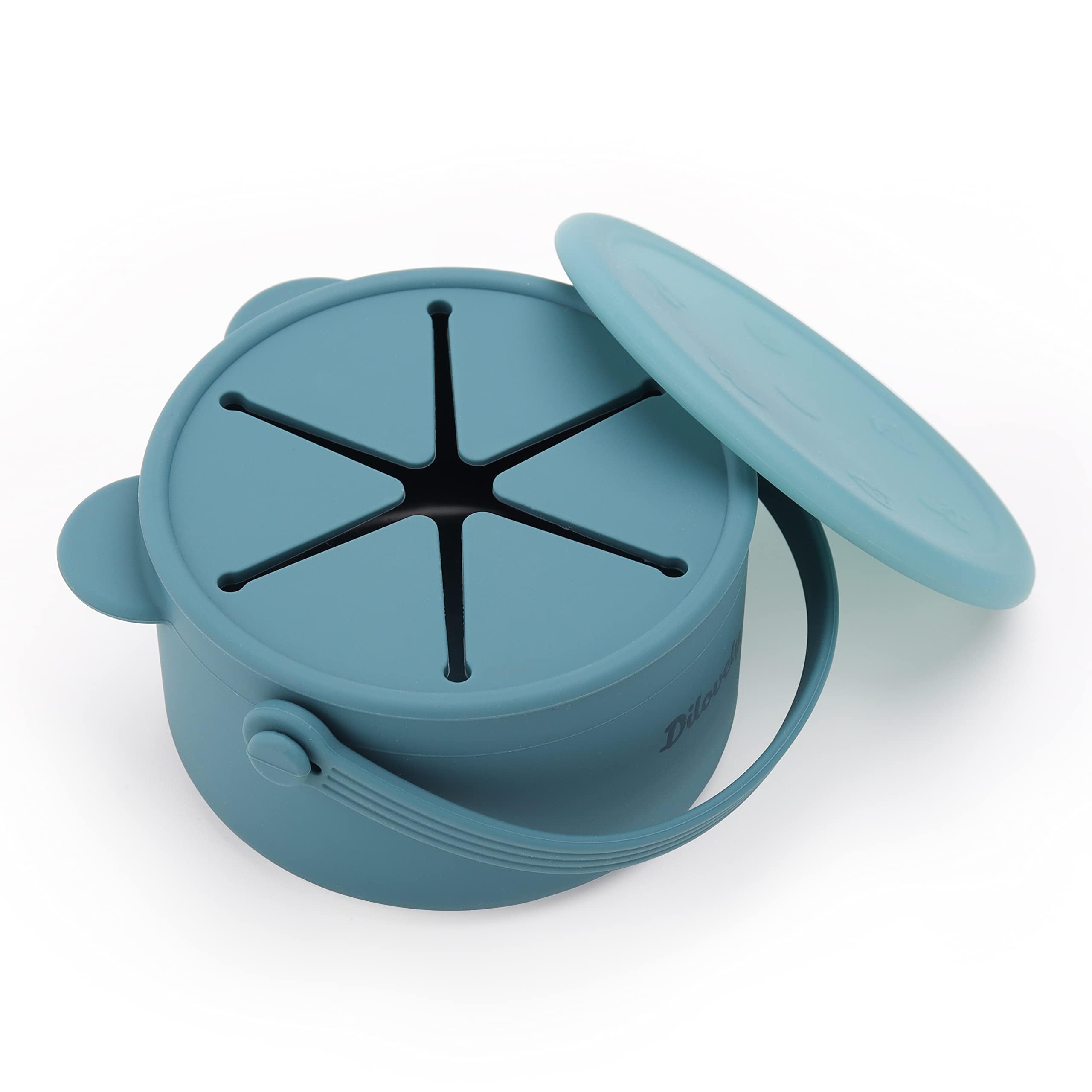 Dilovely snack cups colonial blue lid closeup prevents spills during travel.