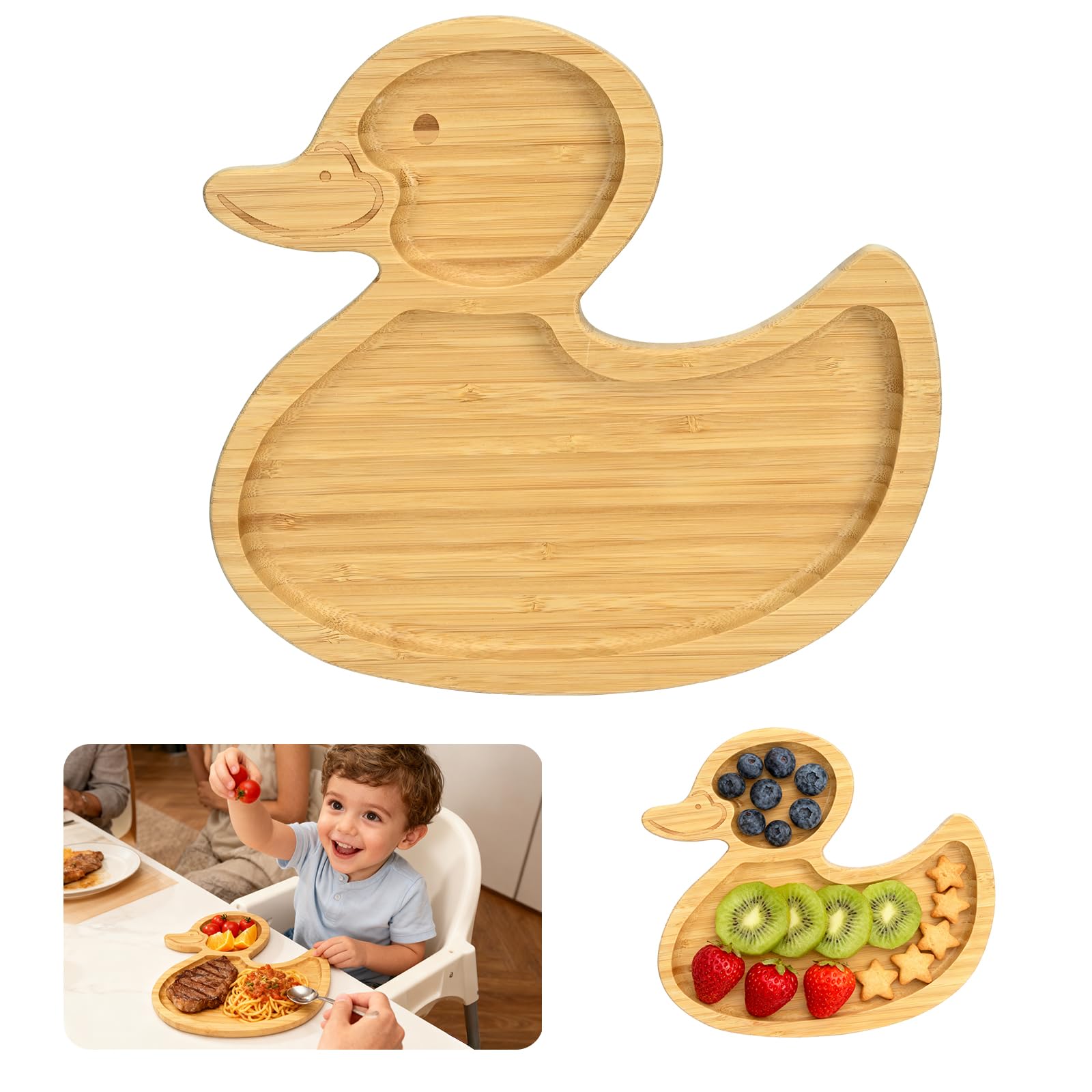 DinePlay duck-design bamboo kids plate encourages self-feeding with a cheerful, kid-friendly look.