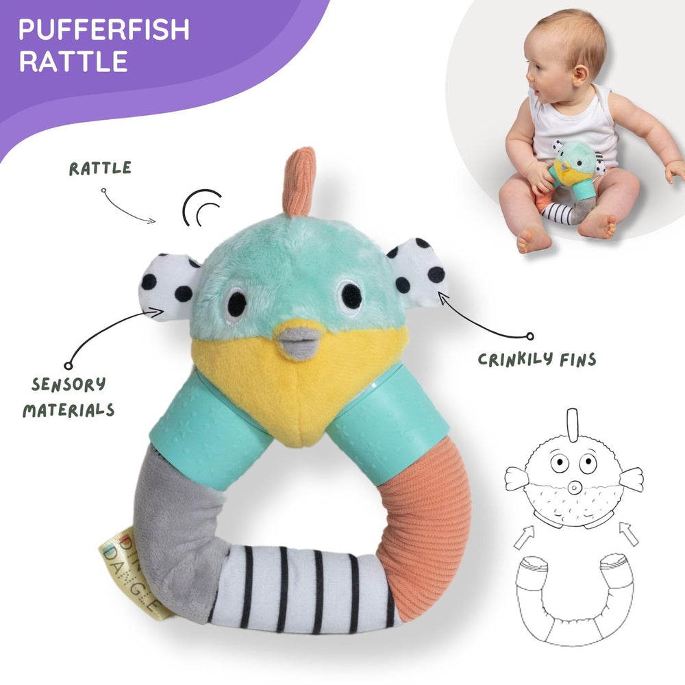 DINGLE DANGLE Tilly Turtle attachment adds extra sensory play.