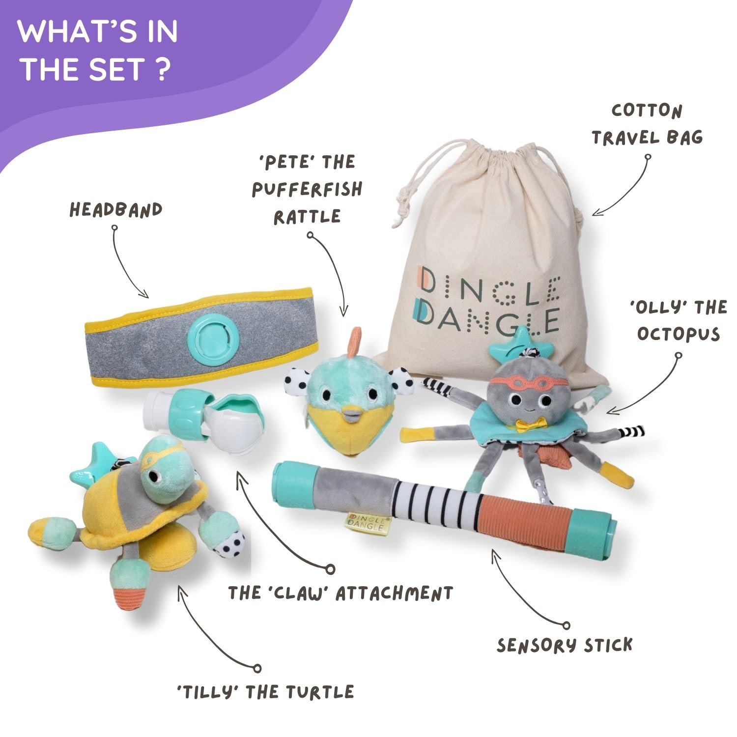 DINGLE DANGLE Turtle rattle attachment adds tactile play.