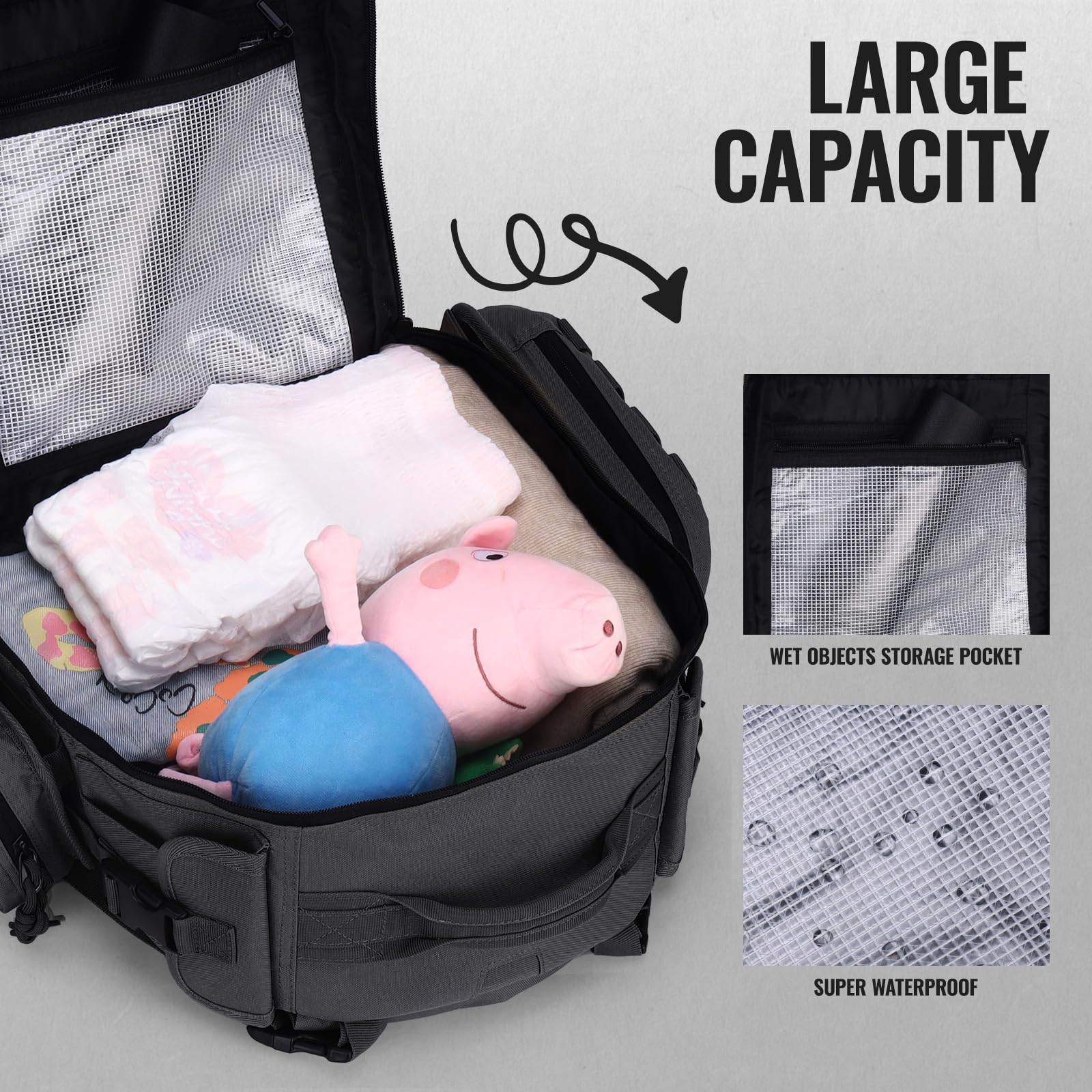 Dinictis Dad Diaper Bag MOLLE webbing for detachable pouches.