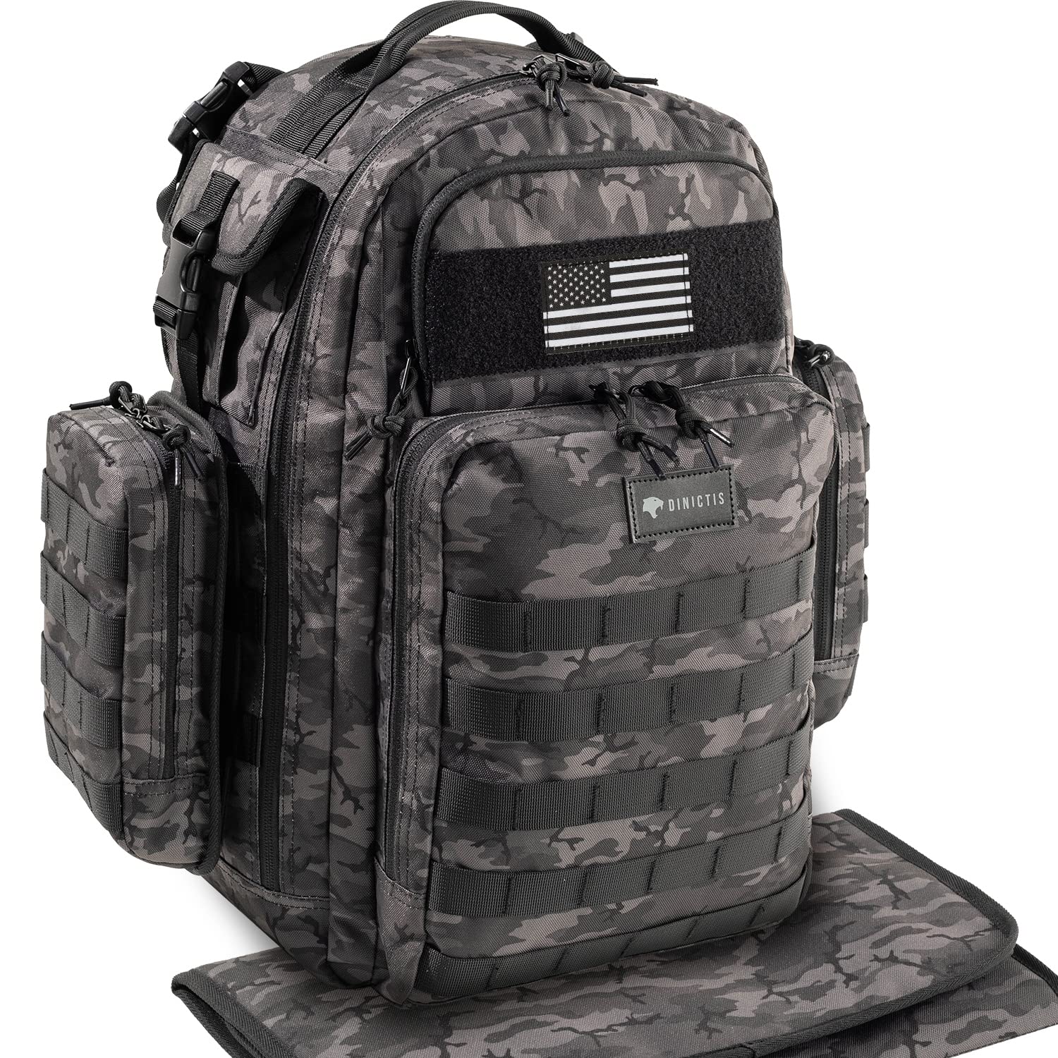 Dinictis dad diaper bag with MOLLE webbing for modular storage and quick-access pouches