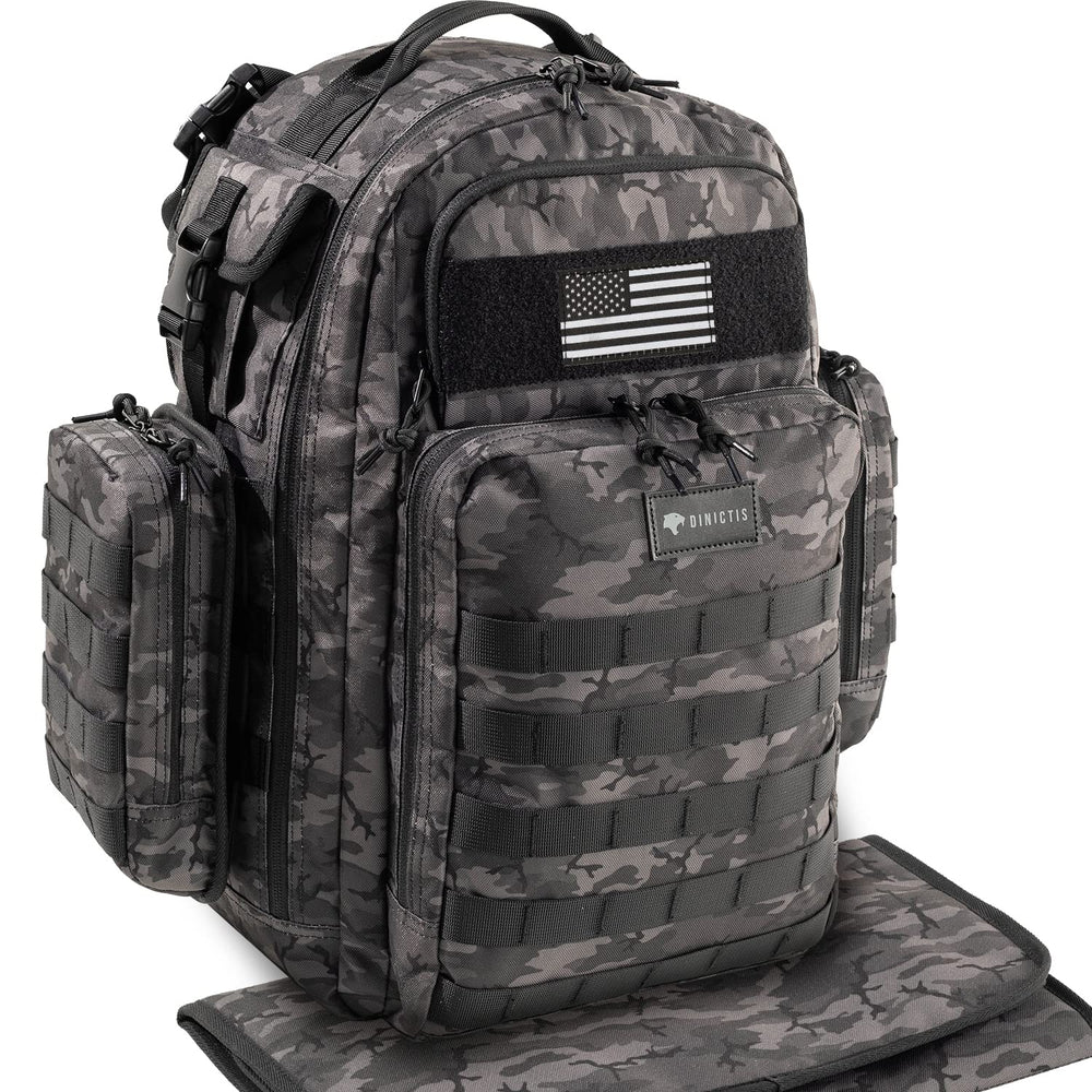 Dinictis dad diaper bag with MOLLE webbing for modular storage and quick-access pouches