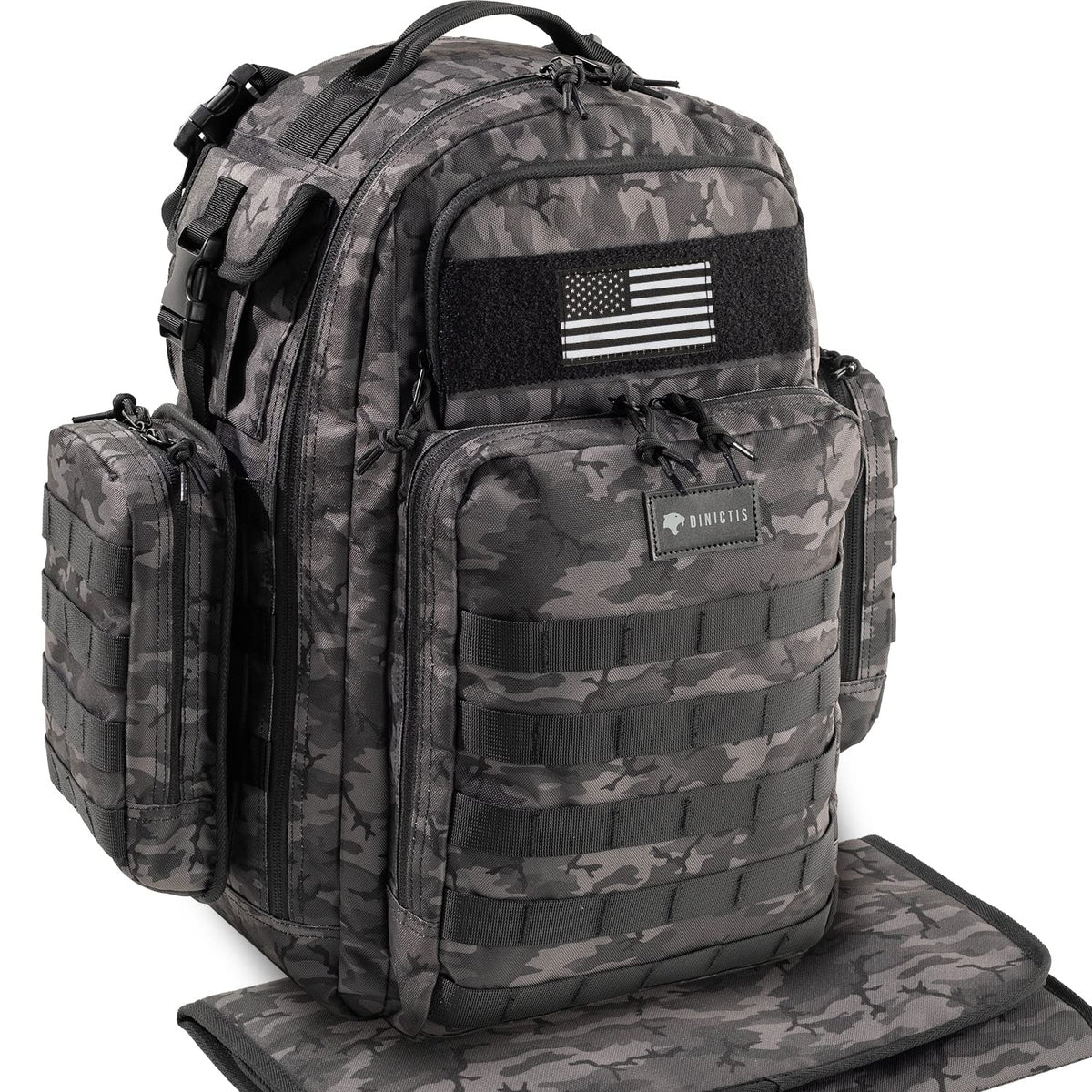 Dinictis dad diaper bag with MOLLE webbing for modular storage and quick-access pouches