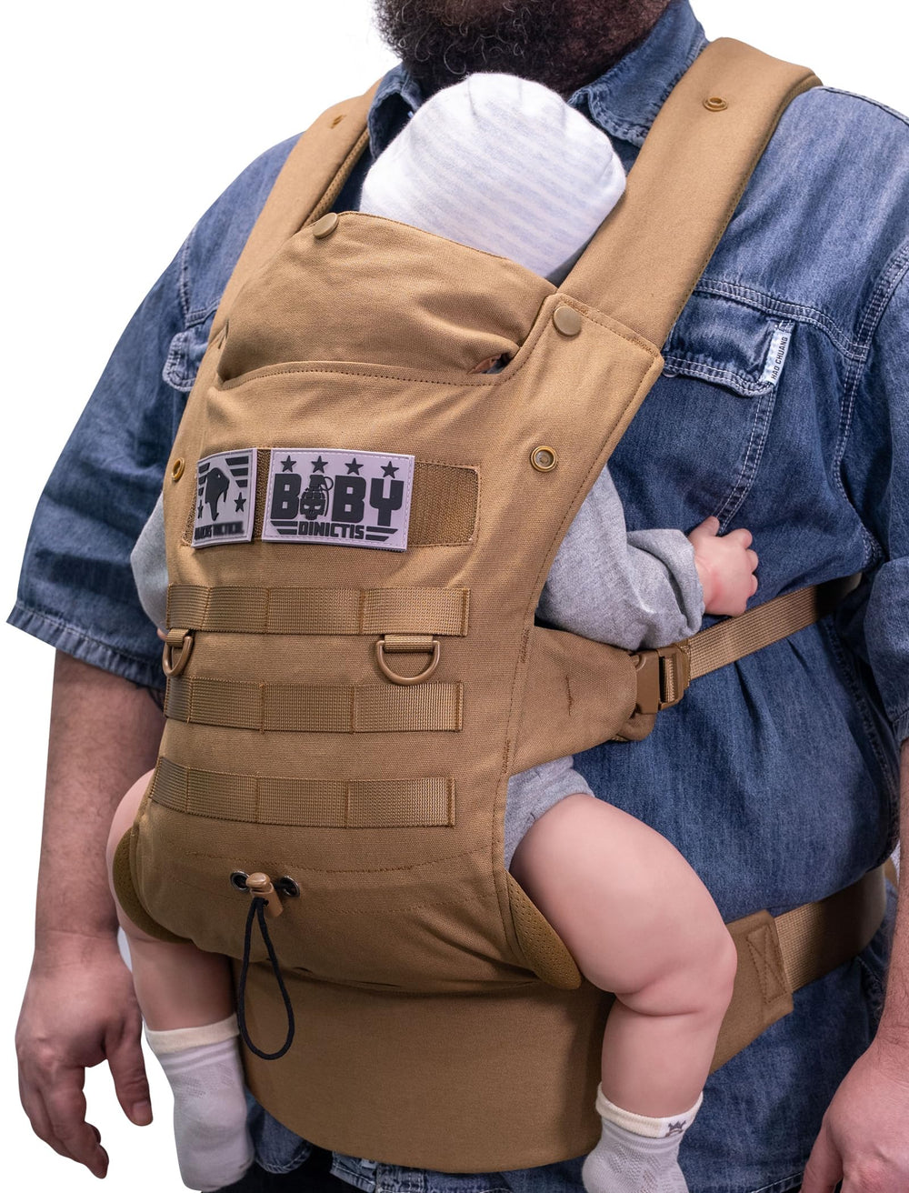 DINICTIS Tactical ergonomic lumbar carrier, front view, offering hands-free mobility for parents.