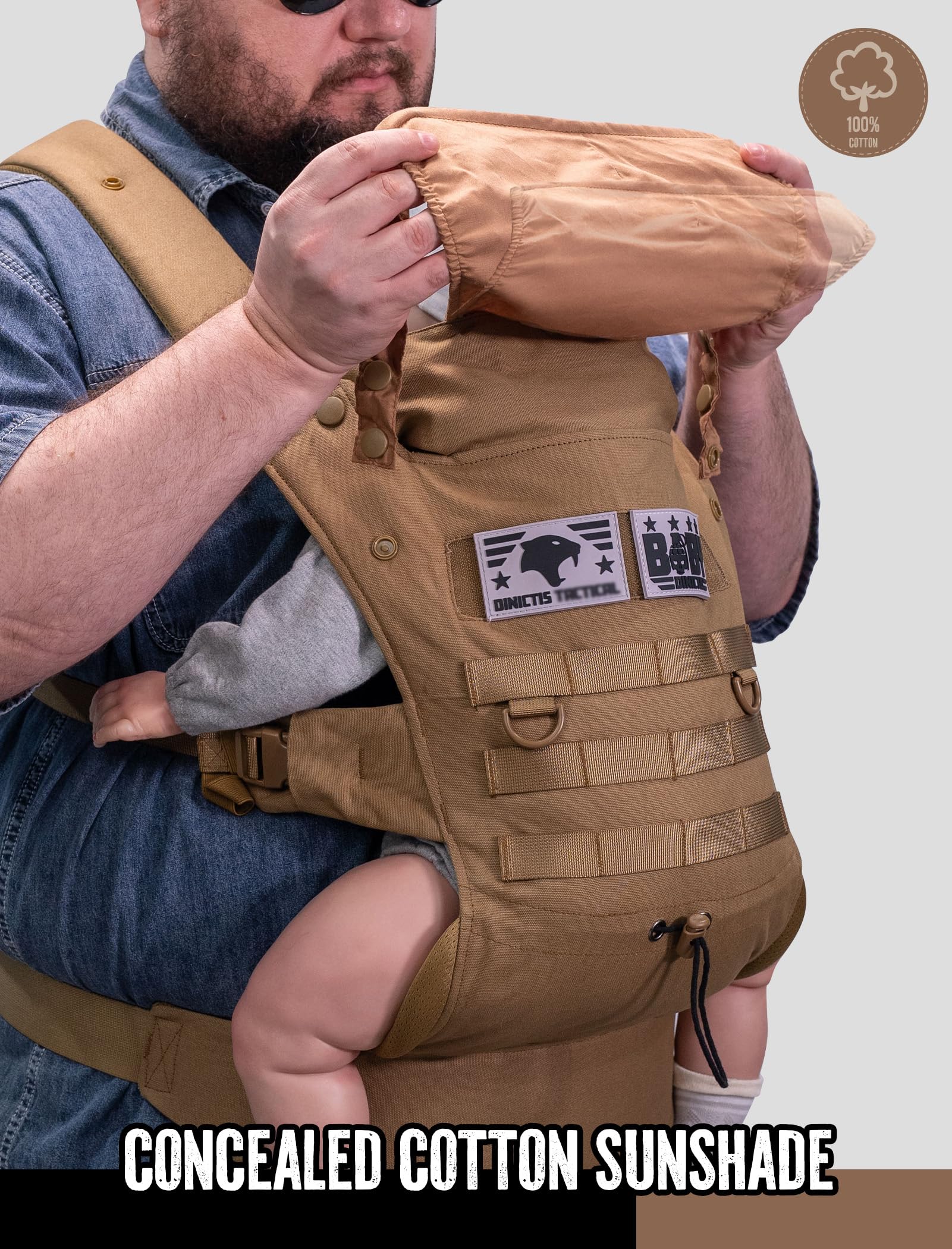 DINICTIS Tactical carrier in use, front-on interaction with baby for bonding and hands-free relief.