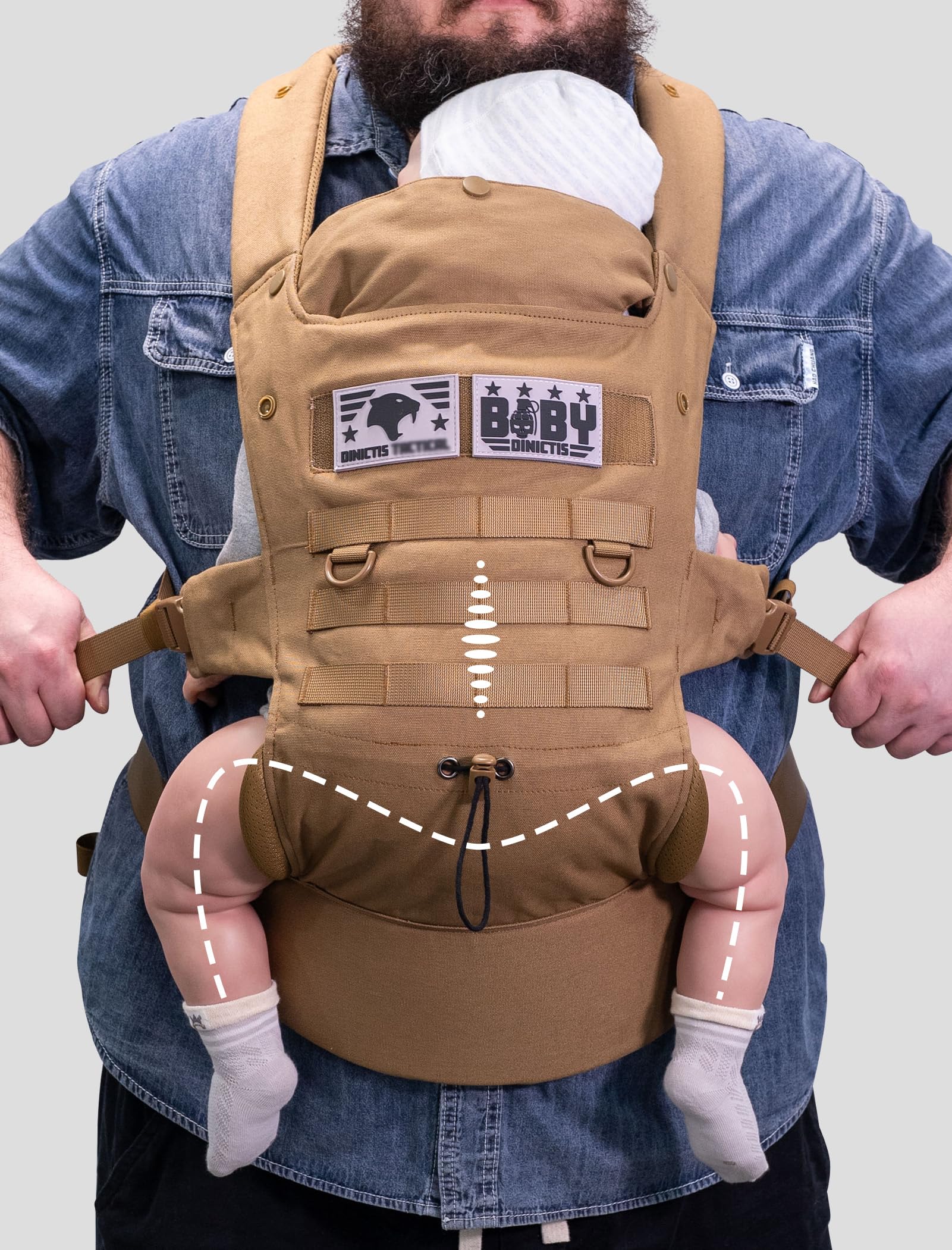 DINICTIS Tactical carrier, side view, evenly distributing weight for comfort on long outings.