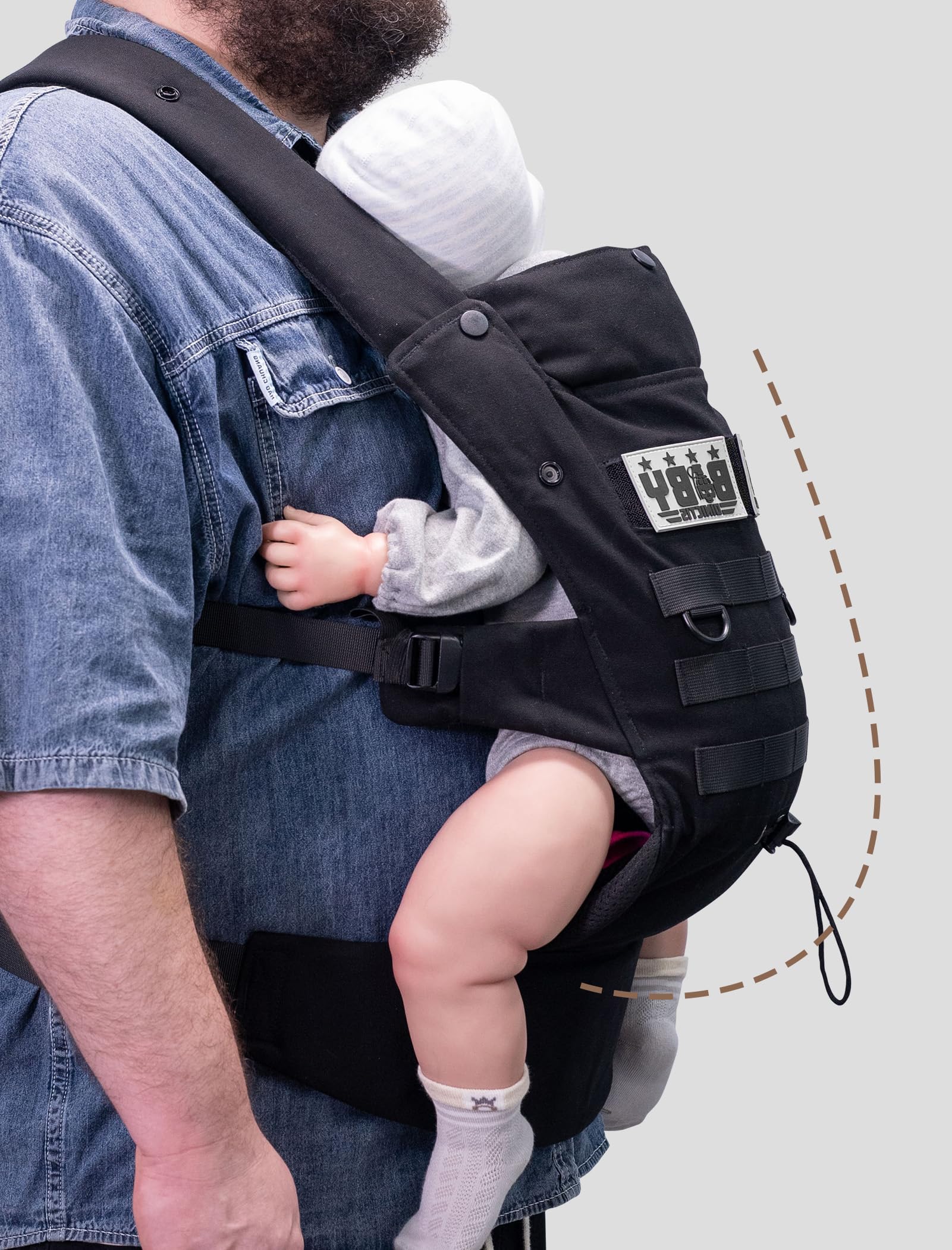 Dinictis Tactical X-shaped back design reduces strain for parent comfort