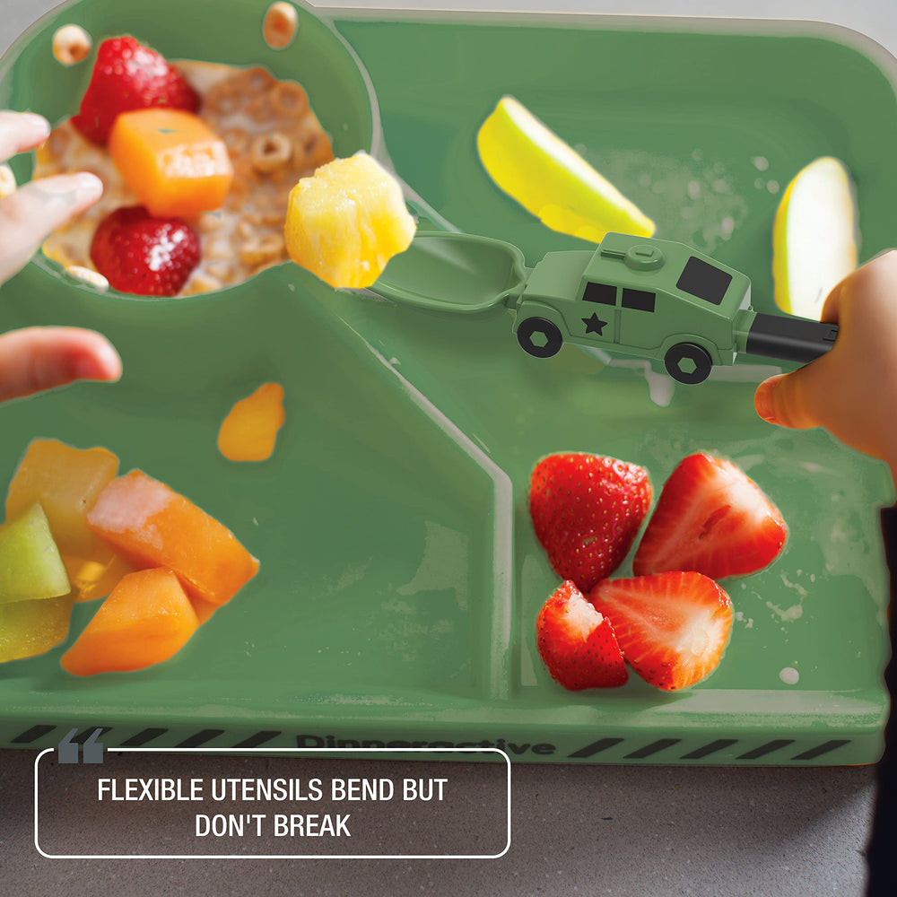 Dinneractive Army soft-grip handles improve control for small hands.