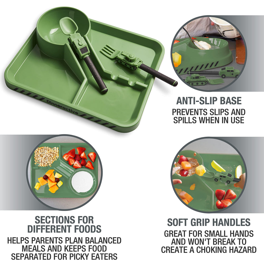 Dinneractive Army Truck Spoon supports self-feeding and imagination.