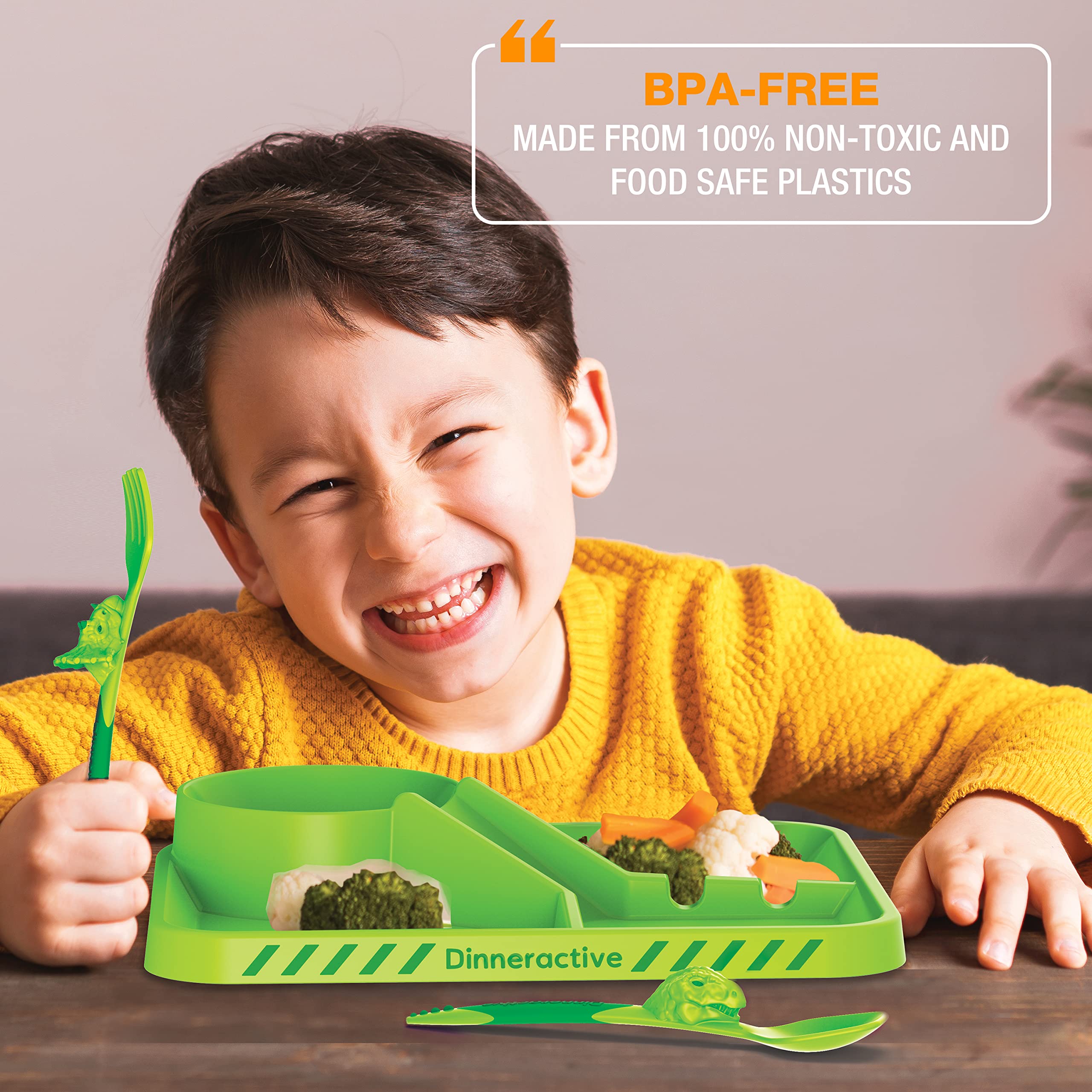Dinneractive dinosaur utensils set emphasizing kid-friendly design