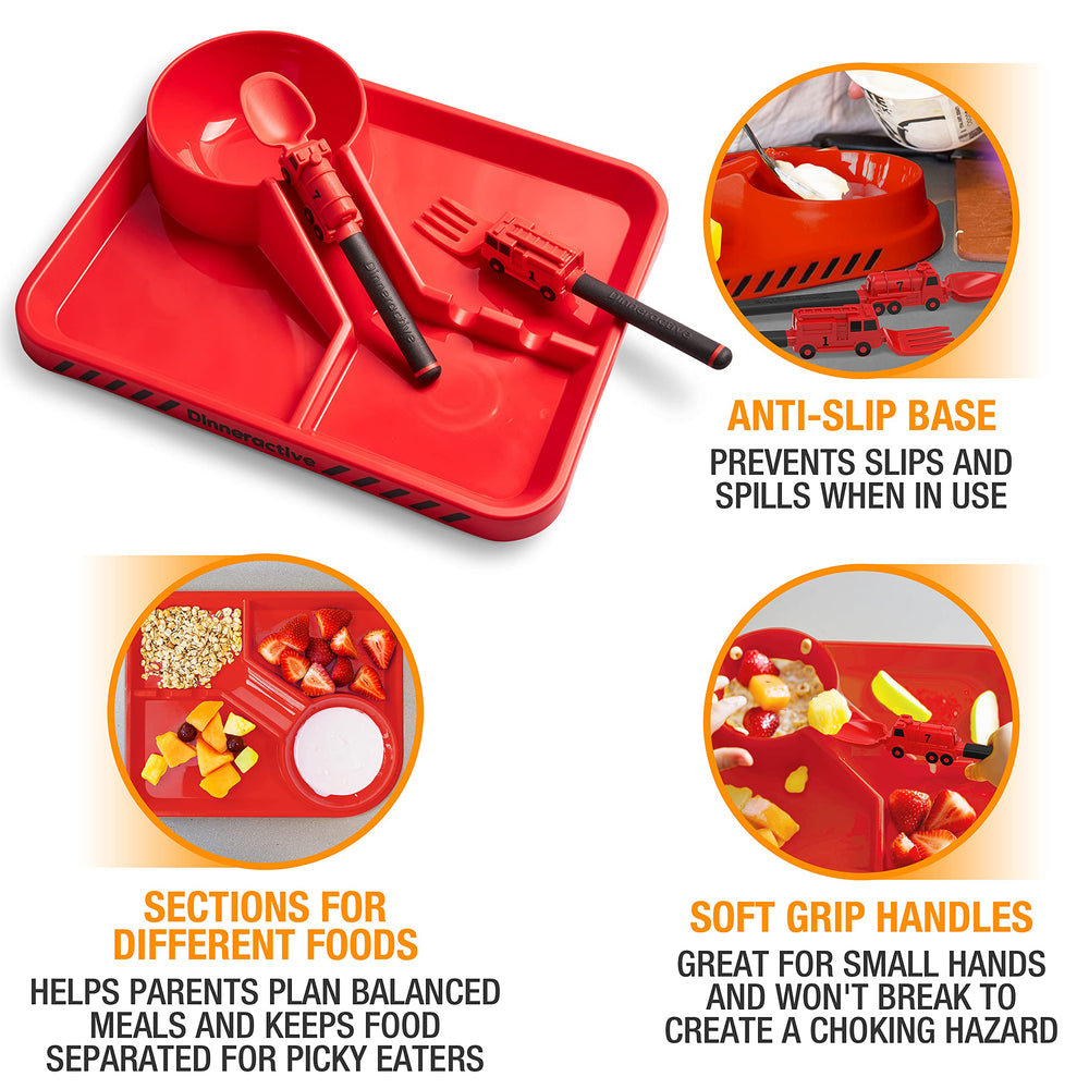 Dinneractive firefighter kid dining set visualization supports independent eating at mealtime.