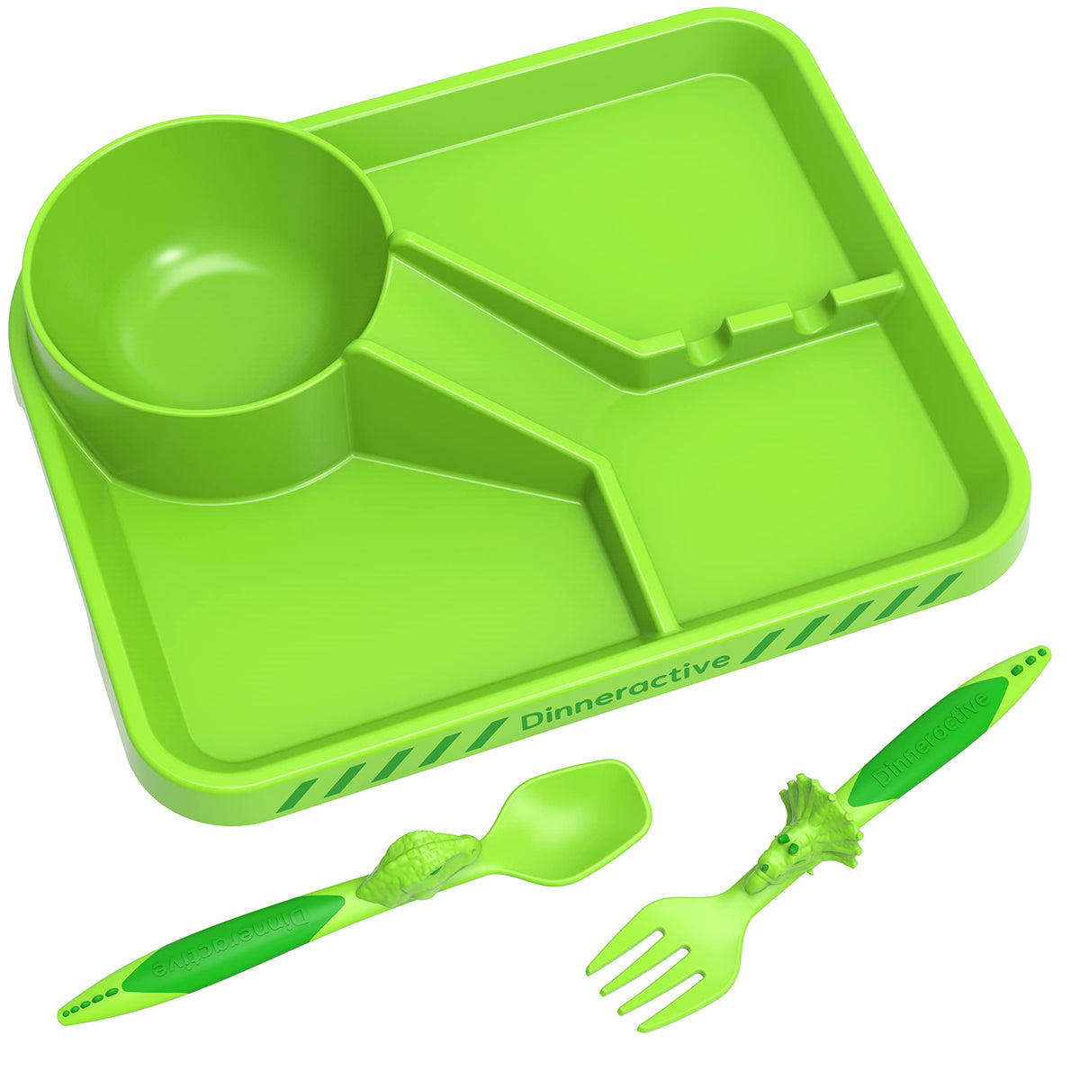 Dinneractive green dinosaur divided plate showing four meal zones for portions