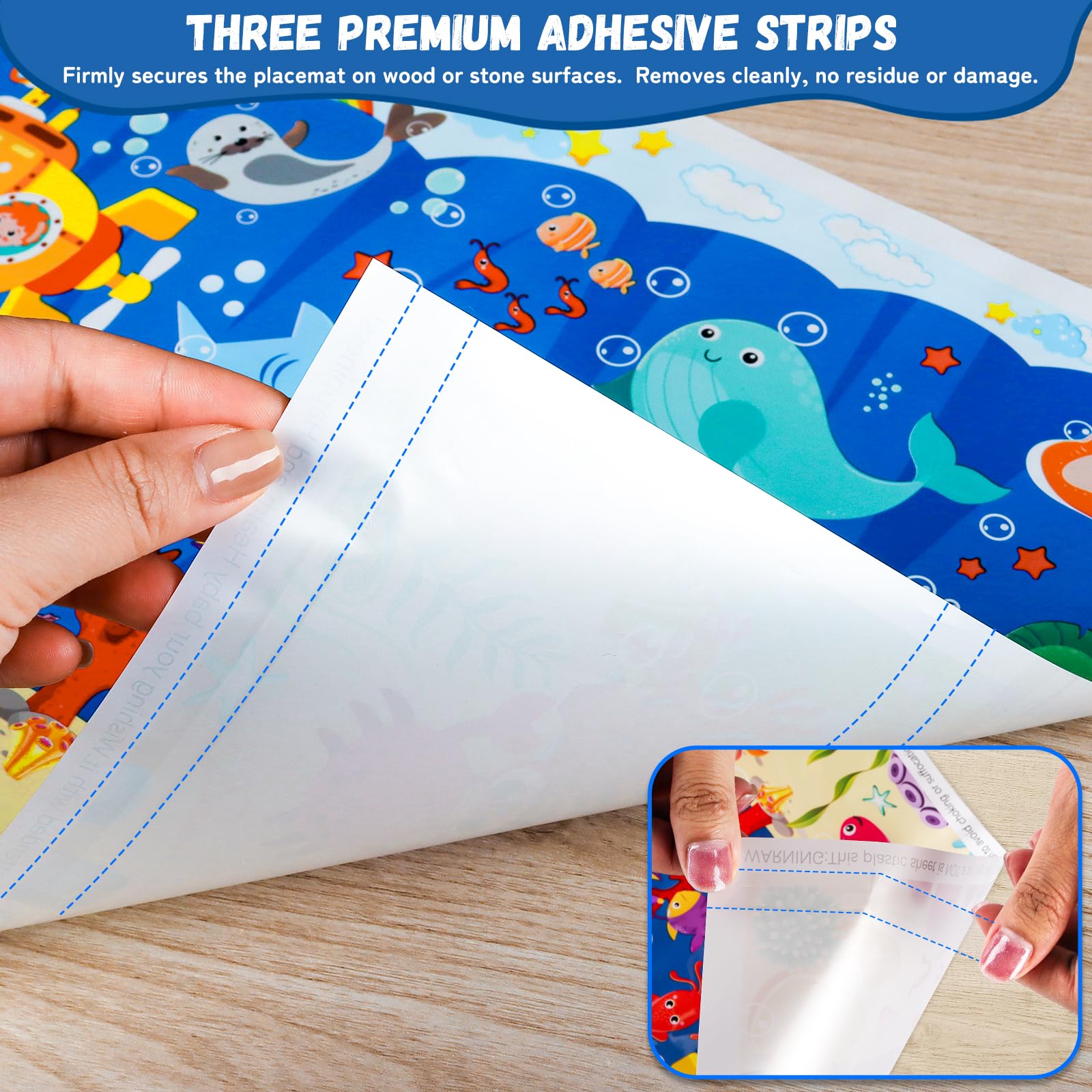 DINSUMRUG Ocean placemats laid flat on a tray, staying put.