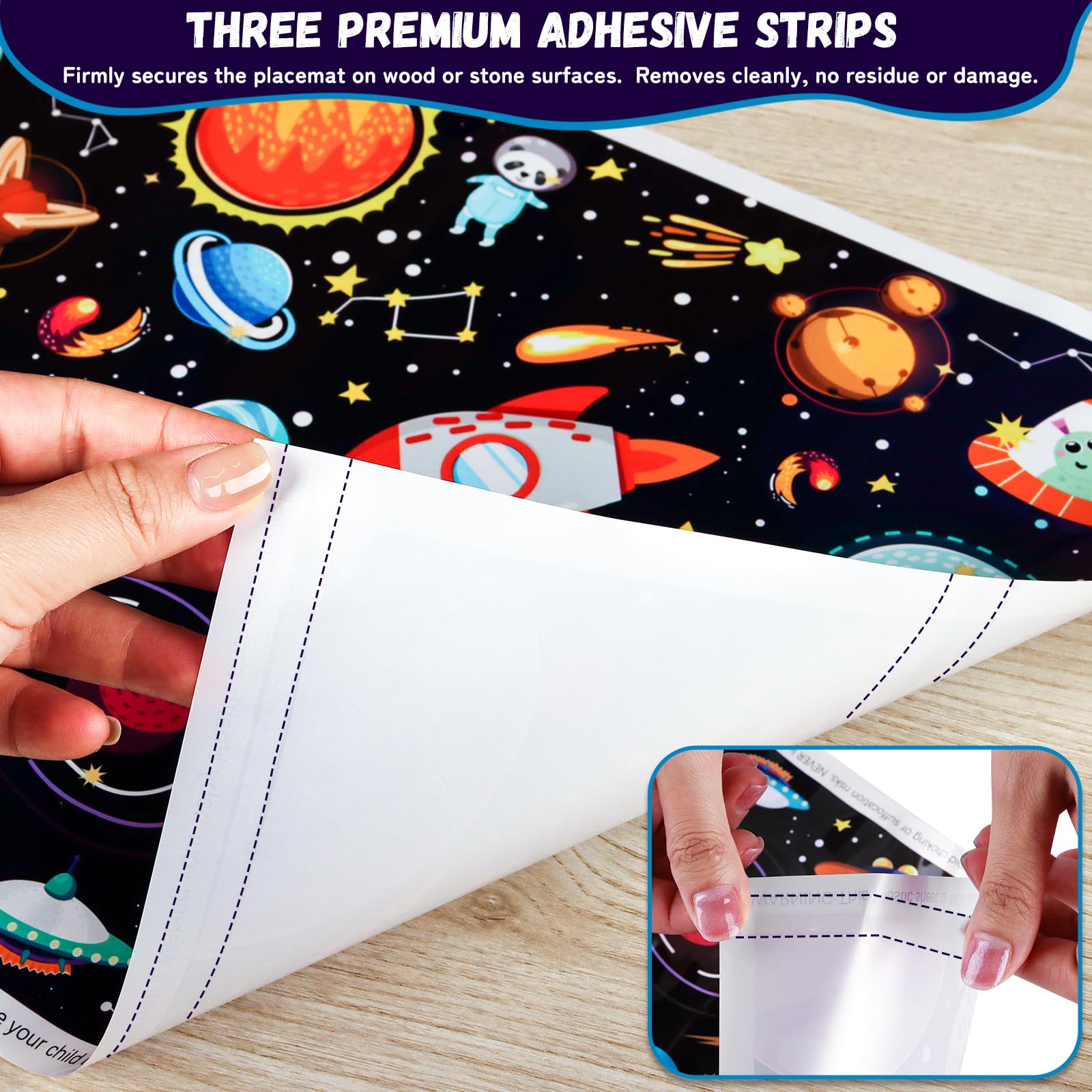 DINSUMRUG adhesive-backed mats cling securely for mess-free meals.