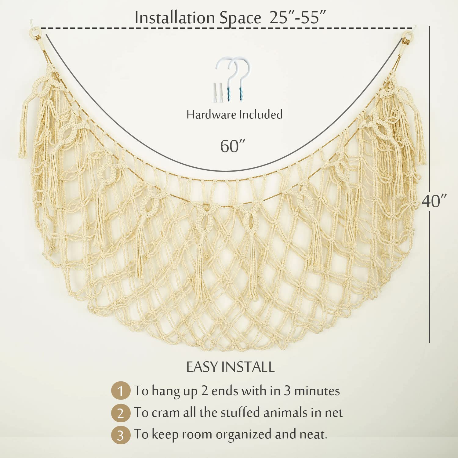 Diocos easy-install toy net with hooks fits 25-55 inches space.