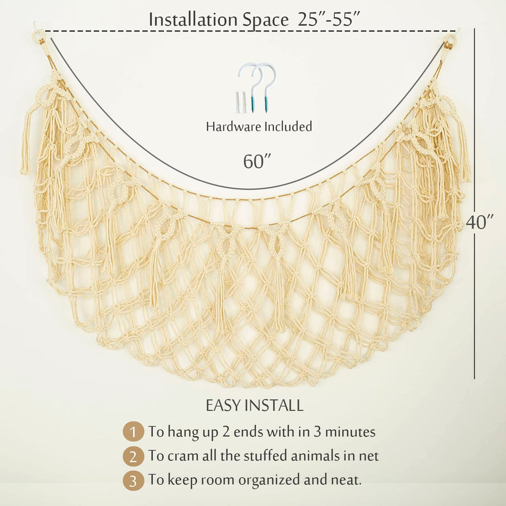 Diocos easy-install toy net with hooks fits 25-55 inches space.