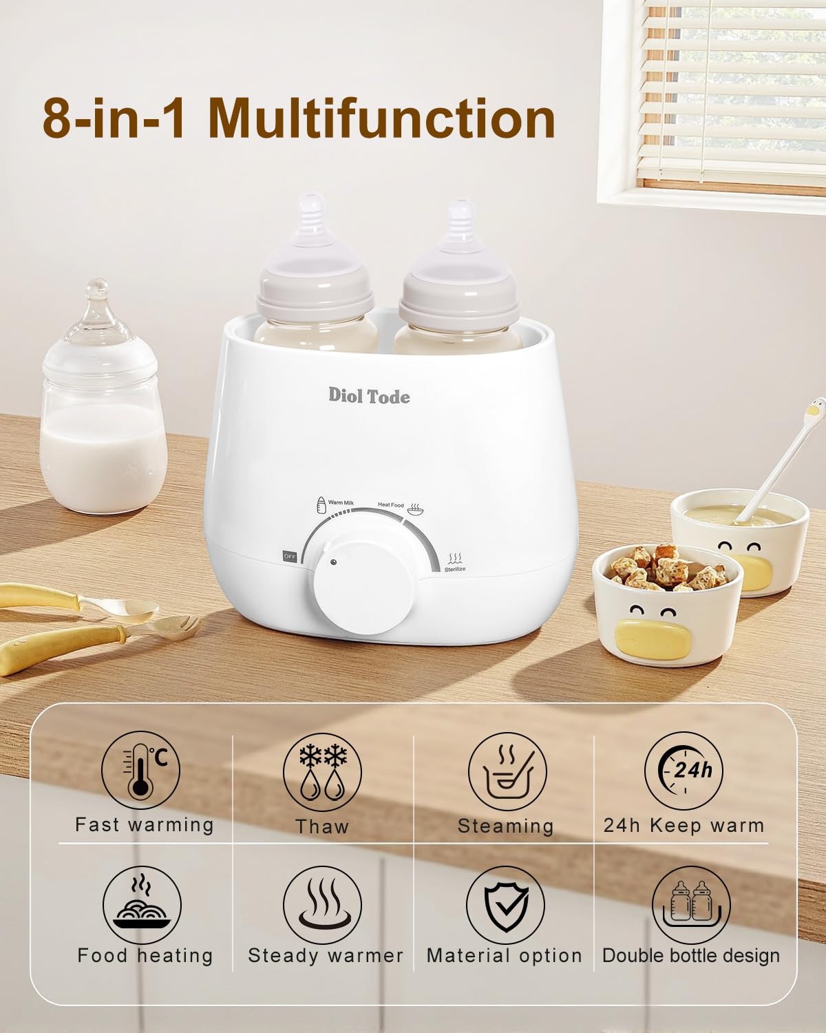 Diol Tode Bottle Warmer dual bottle design fits many brands and sizes.