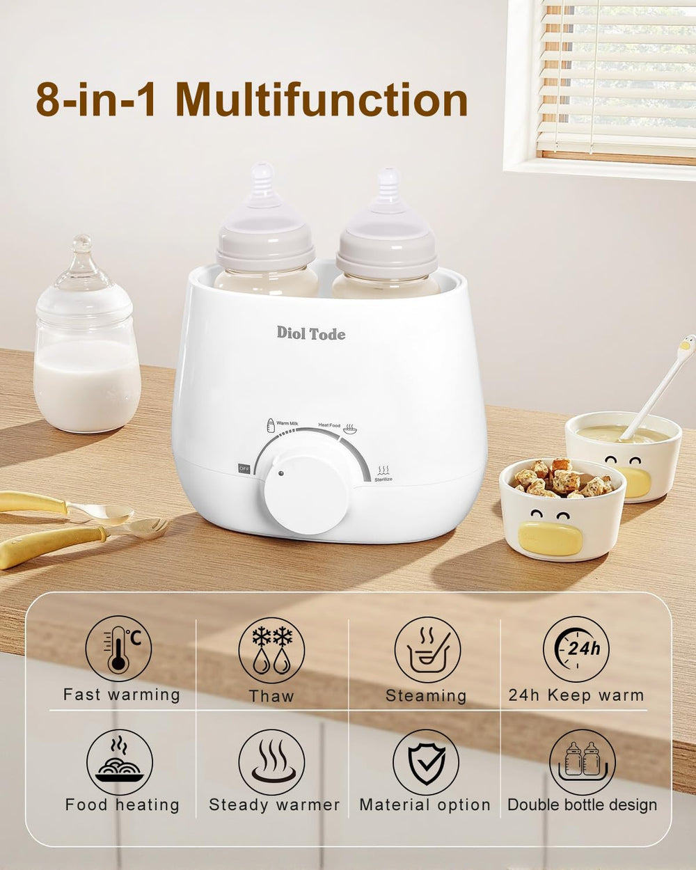 Diol Tode Bottle Warmer dual bottle design fits many brands and sizes.