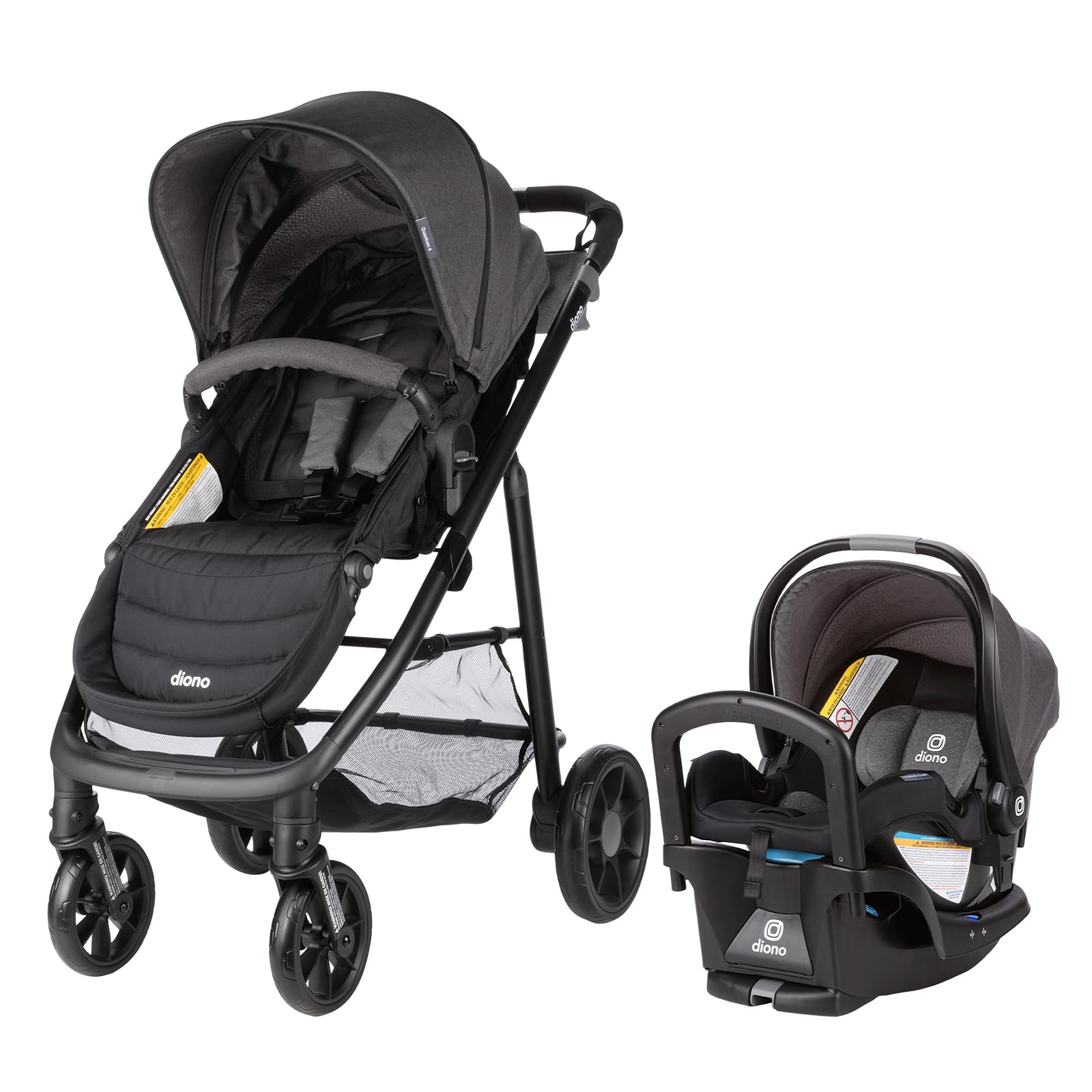 Diono Quantum4 travel system in gray slate, front view, showcasing an all-in-one solution for families.