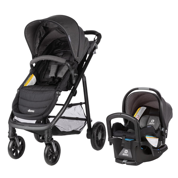 Diono Quantum4 travel system in gray slate, front view, showcasing an all-in-one solution for families.