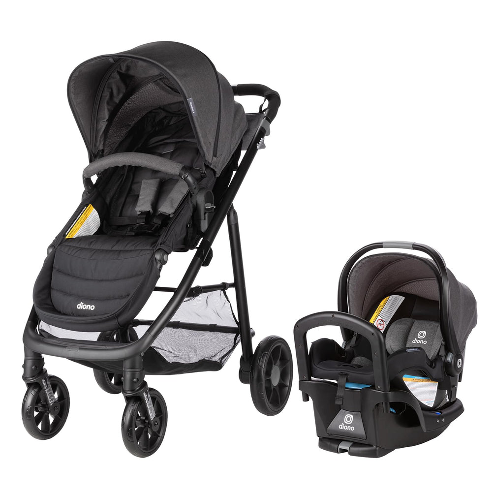 Diono Quantum4 travel system in gray slate, front view, showcasing an all-in-one solution for families.