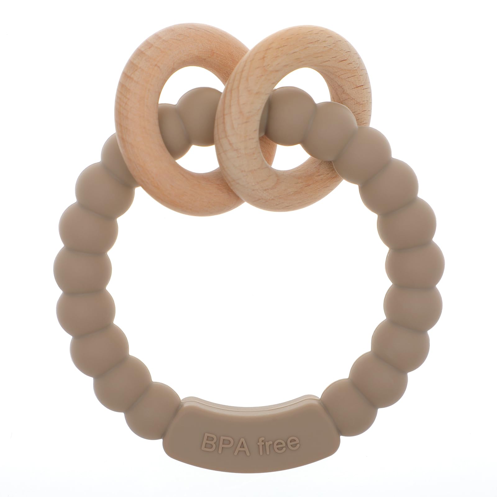 Dirbabi baby teether in silicone and beech with a safe one-piece design.