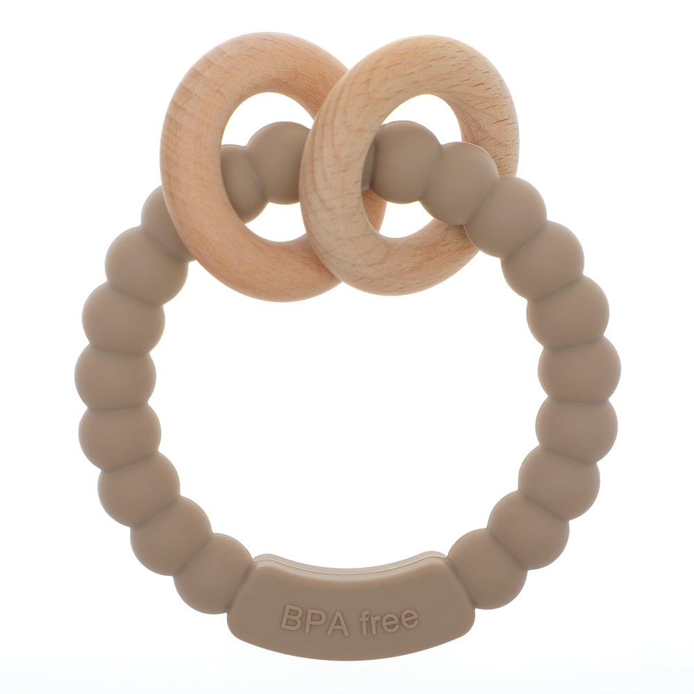 Dirbabi baby teether in silicone and beech with a safe one-piece design.