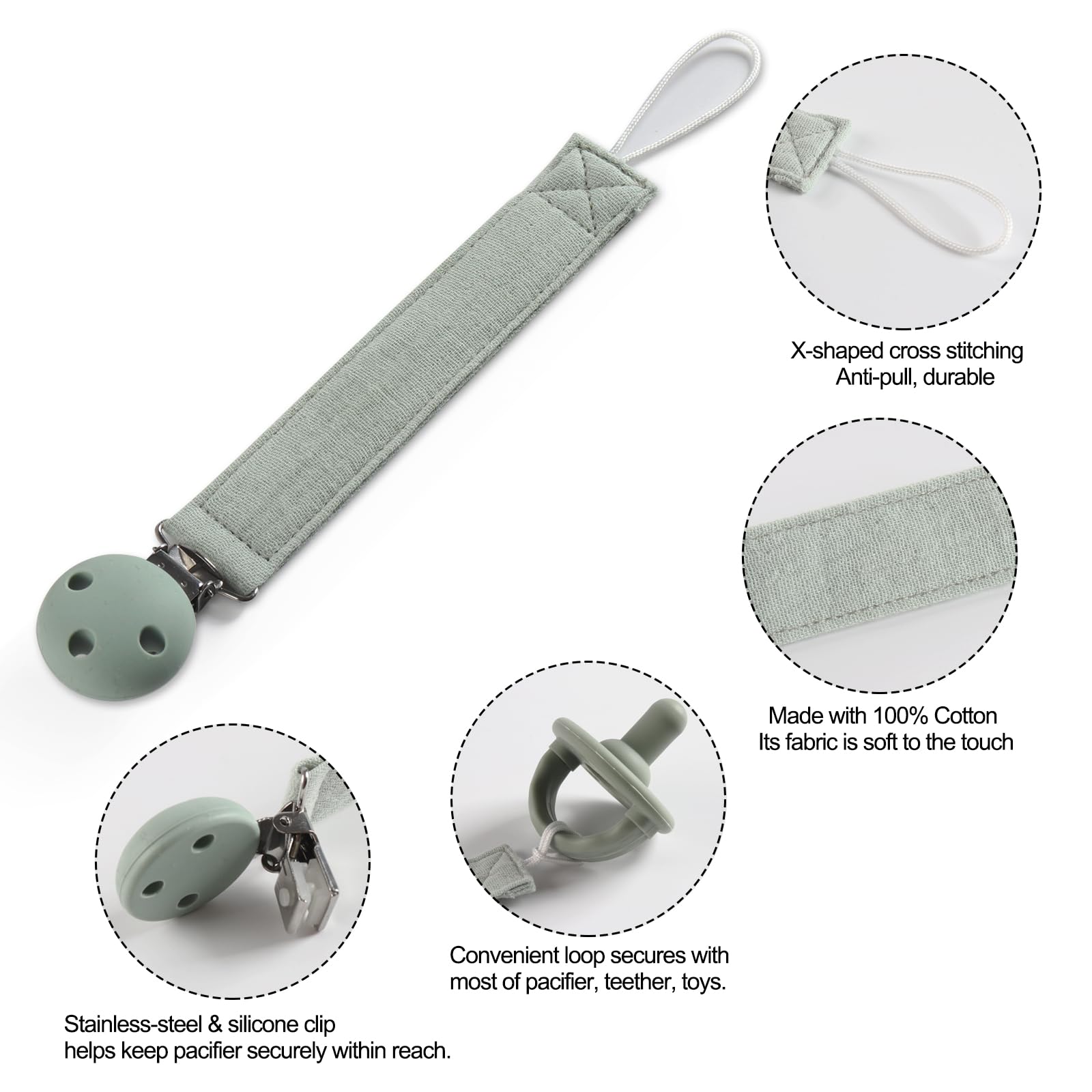 Dirbabi pacifier clip has smooth edges to protect delicate skin