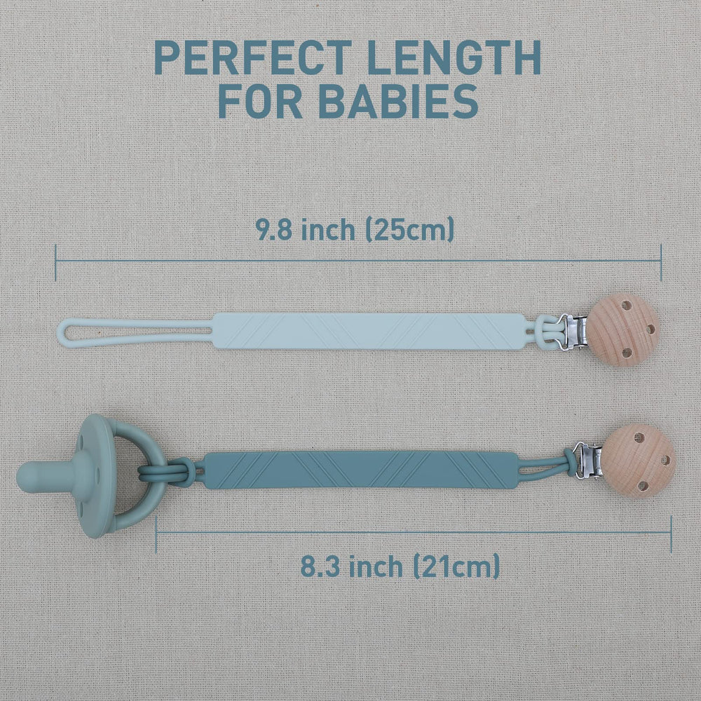Dirbabi pacifier clip white-black in use on baby accessories