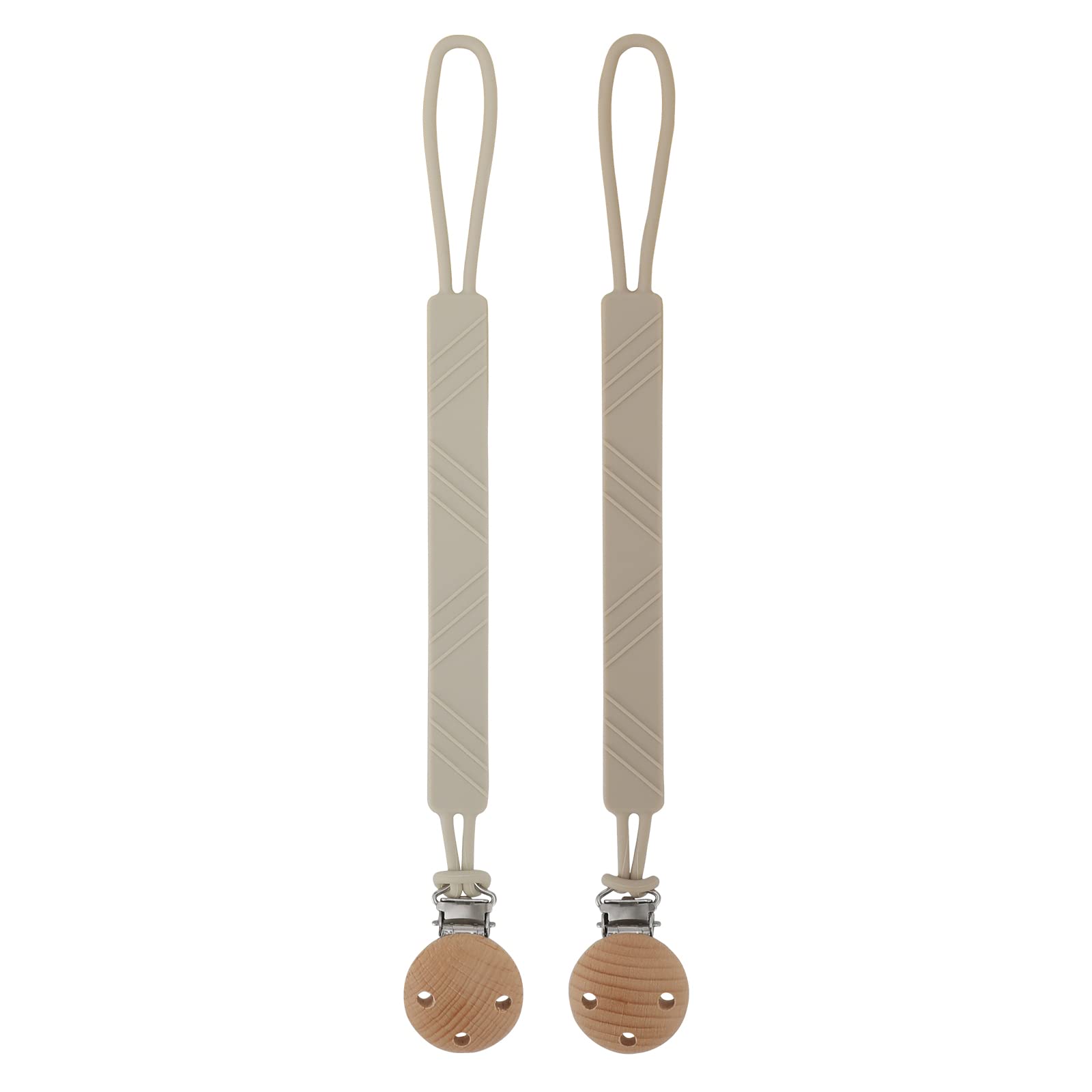 Dirbabi silicone pacifier clip holder in sand color keeps pacifier clean and close.