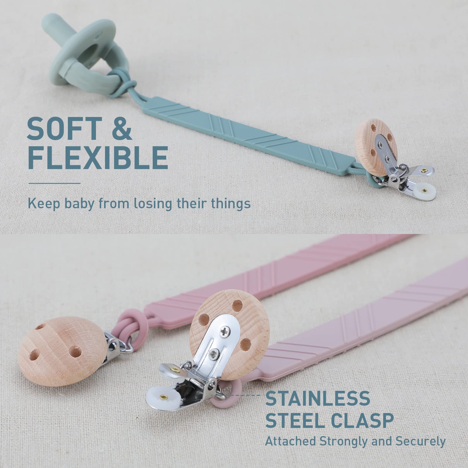 Dirbabi silicone pacifier clip with stainless steel and beech components for durability.
