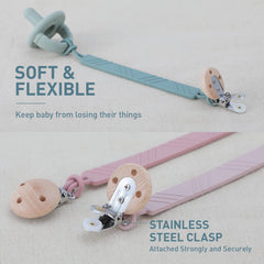 Dirbabi silicone pacifier clip with stainless steel and beech components for durability.