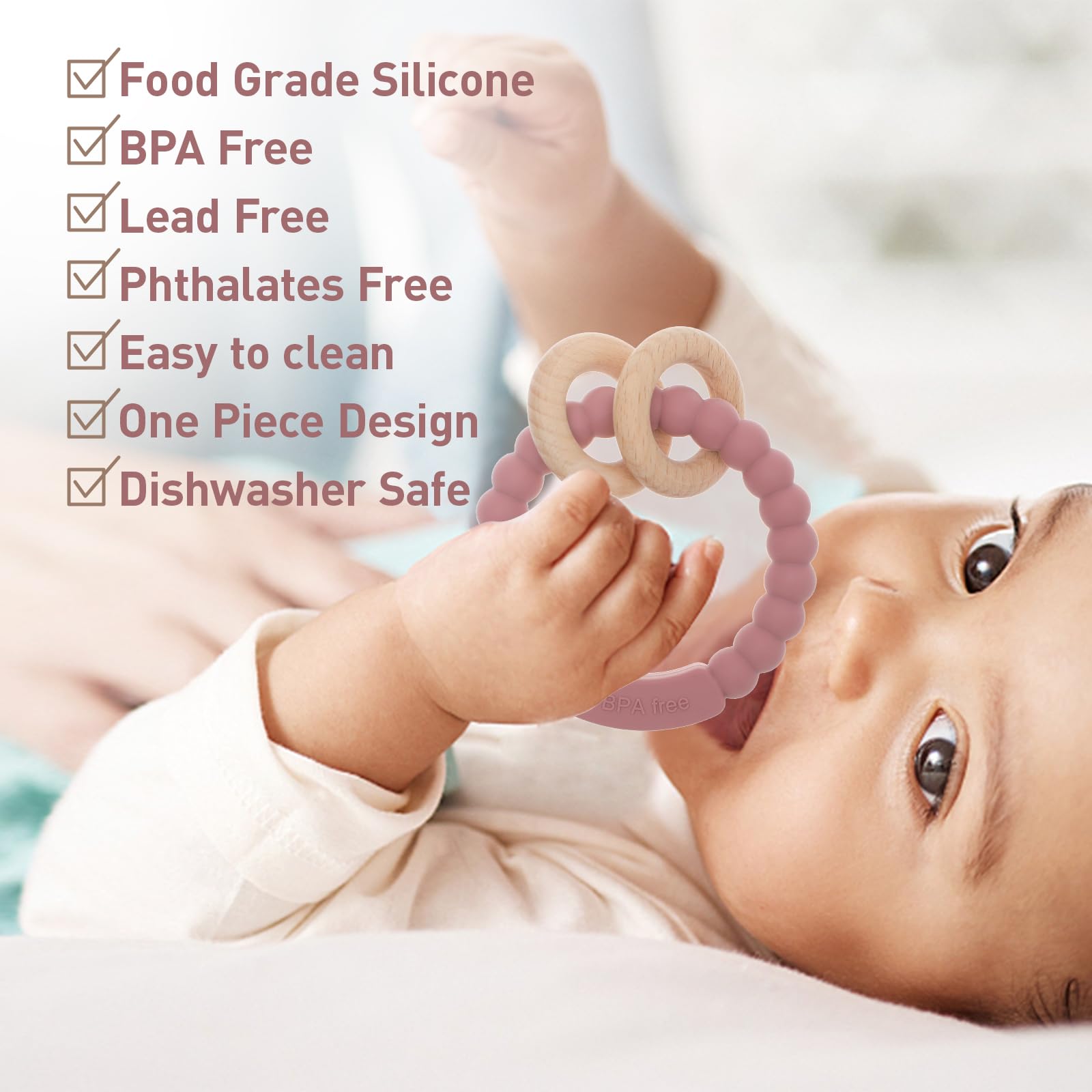 Dirbabi teether features smooth beech wood and rounded edges.