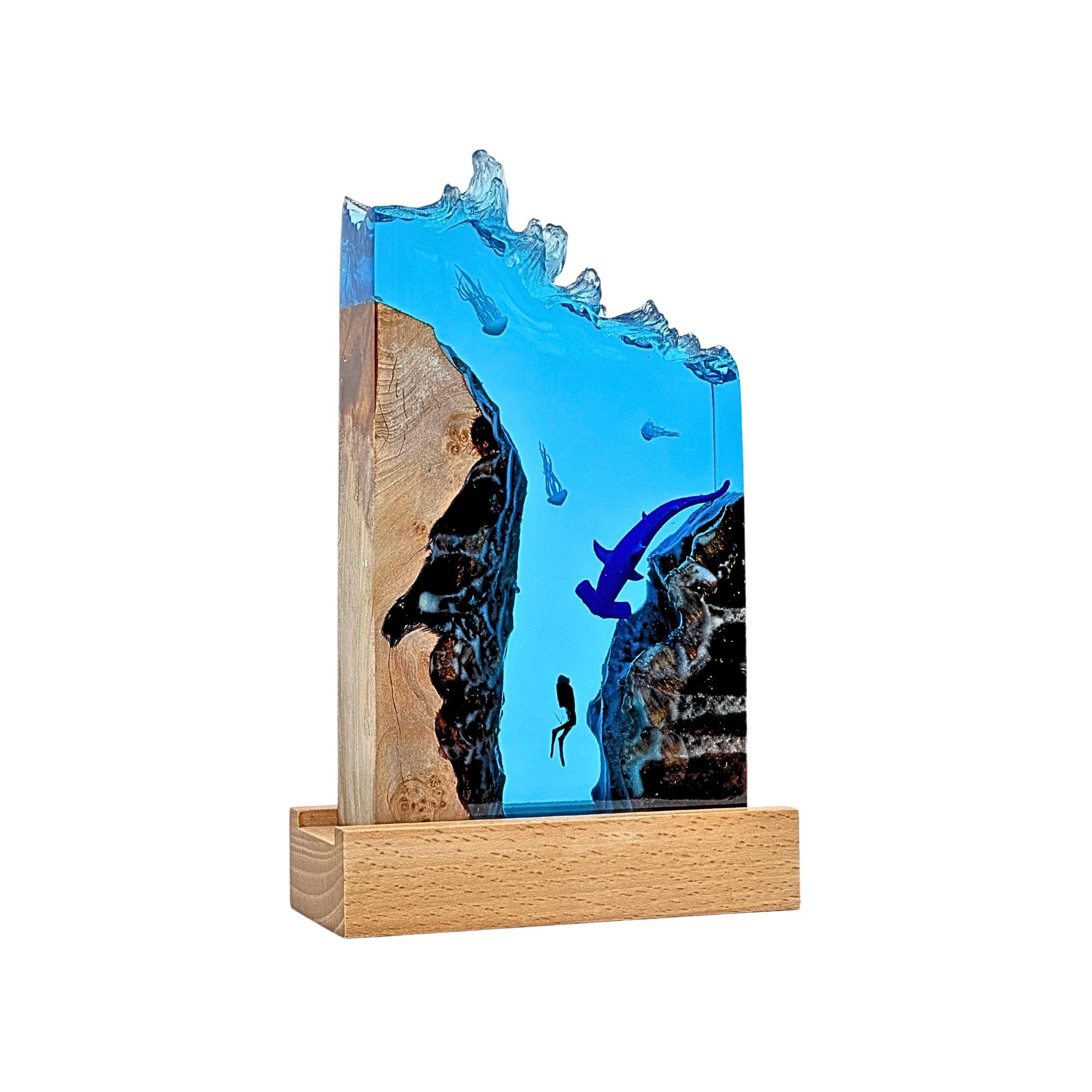 Wooden base with multicolor LEDs illuminating underwater figures