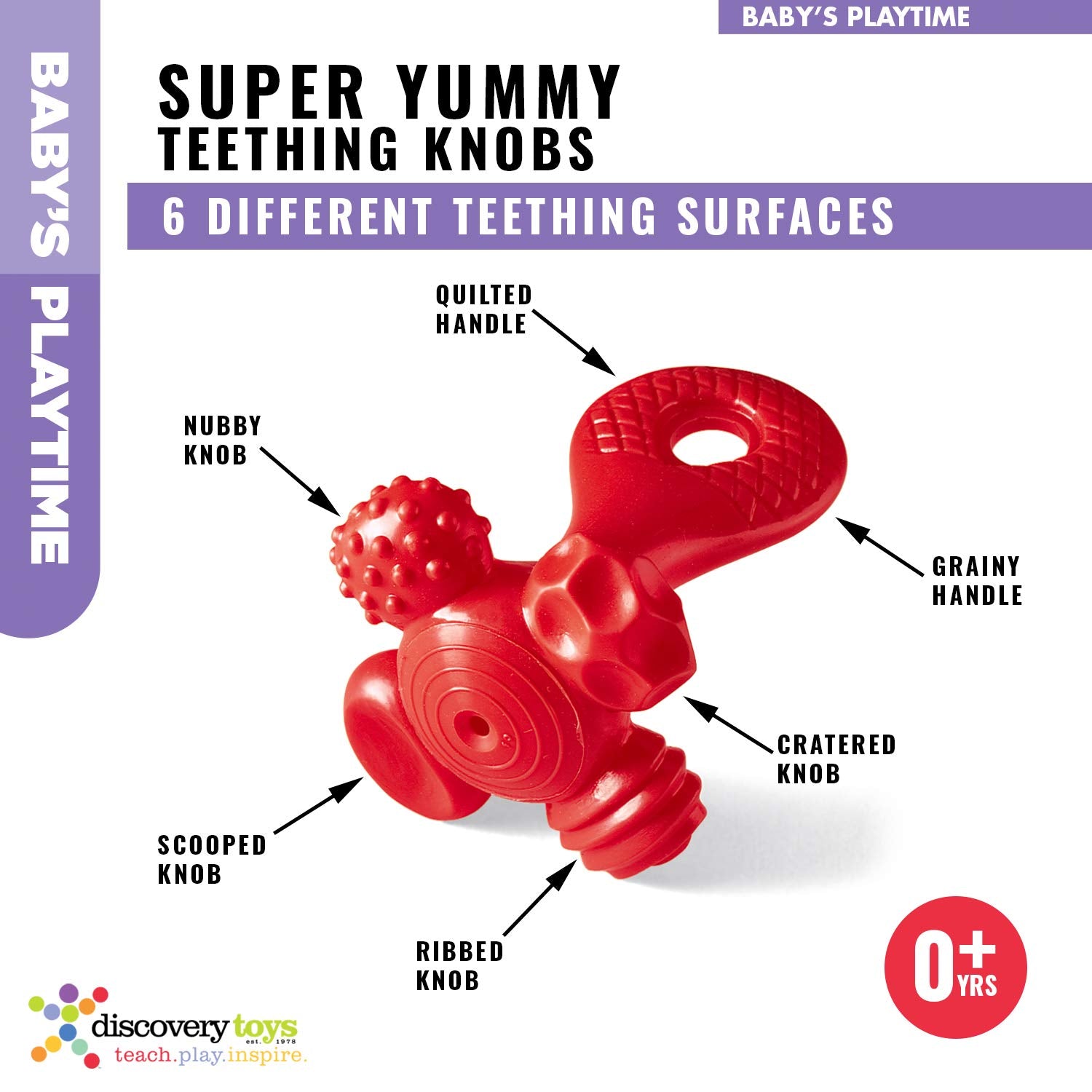 Discovery Toys teether with easy-grasp handle encourages self-handling.