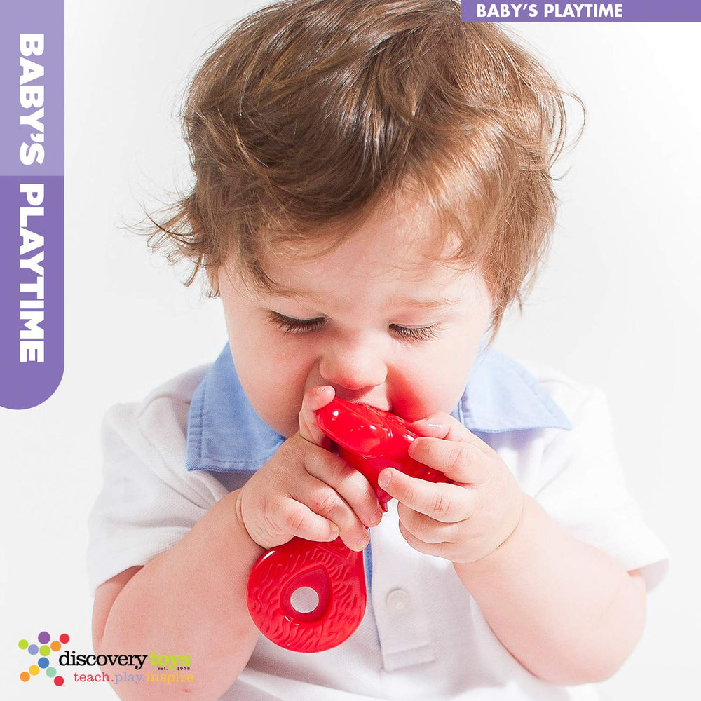 Discovery Toys vanilla-scented teether provides gentle sensory comfort.