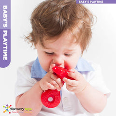 Discovery Toys vanilla-scented teether provides gentle sensory comfort.