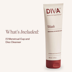 DIVA Wash bottle with label highlights plant-based formula for safe cup cleaning.